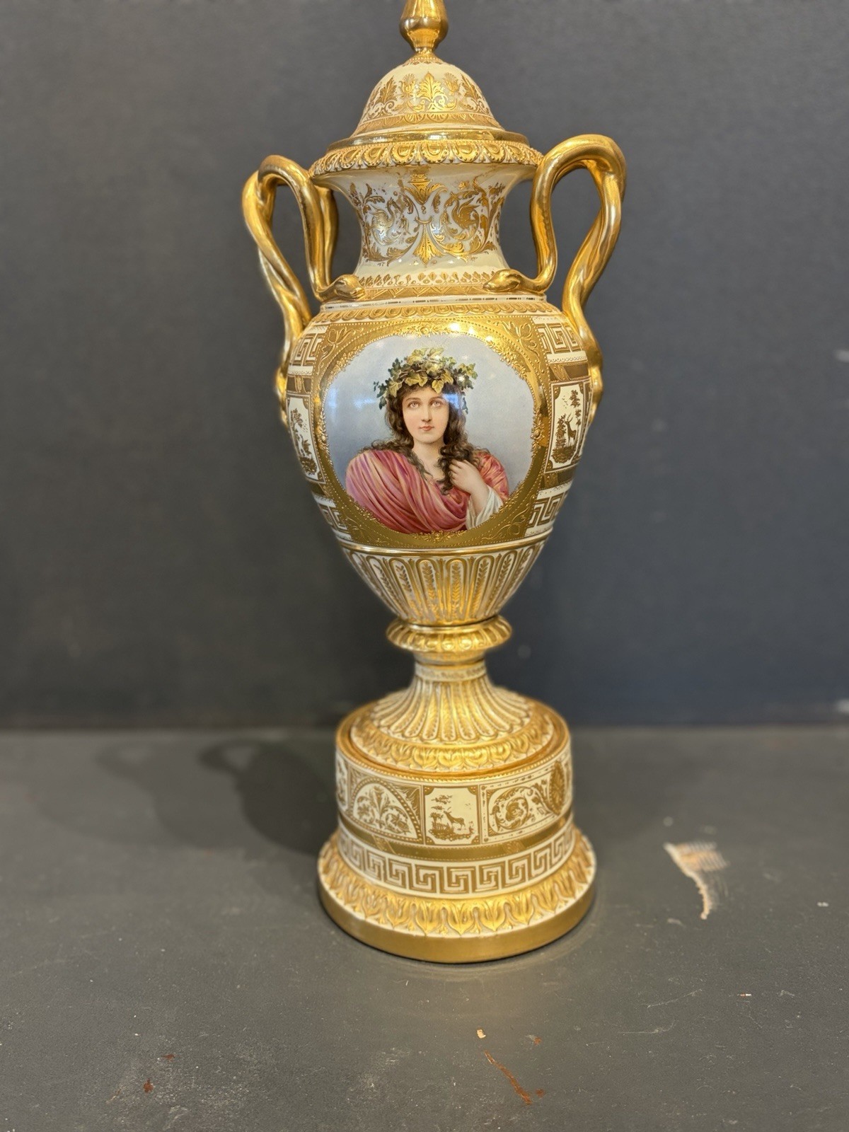 Lidded French Porcelain Vase Gold Gilt Woman Portrait Greek Key 1900 Signed
