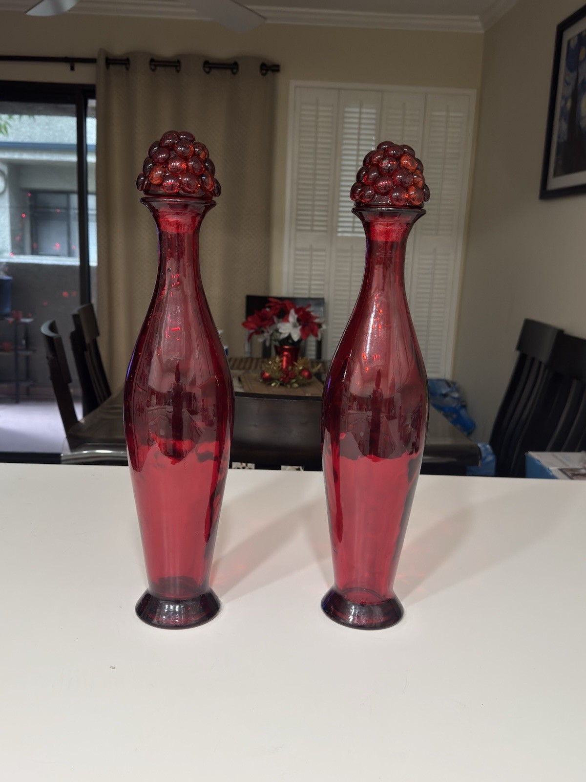 Set Of 2RARE Red Glass Decanter Round Glass Cork Stopper 19″ TALL MADE IN SPAIN