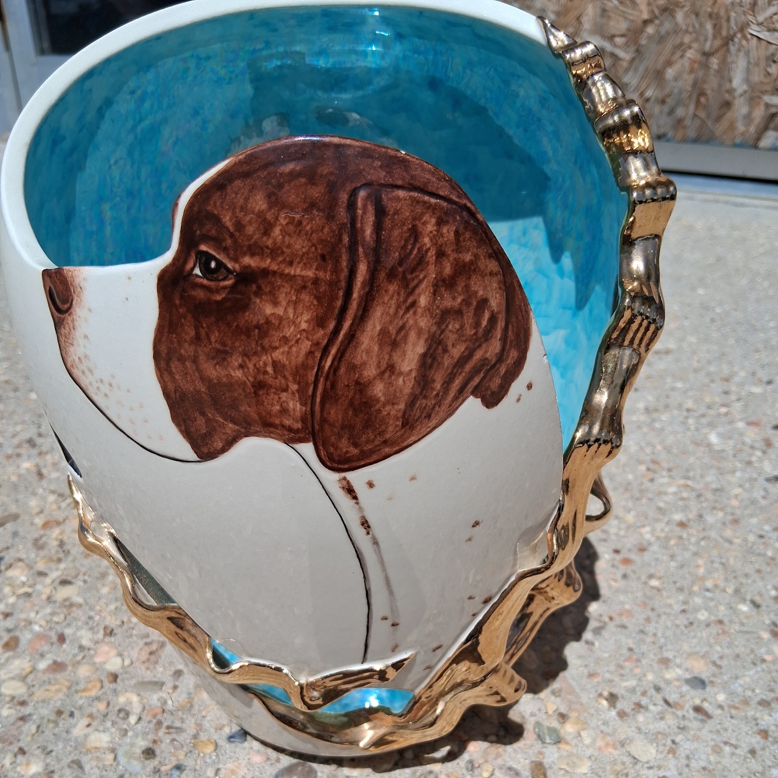 DOG VASE SIGNED BY ARTIST J VANNOY STUNNING ORIGINAL Aqua blue & Gold colors