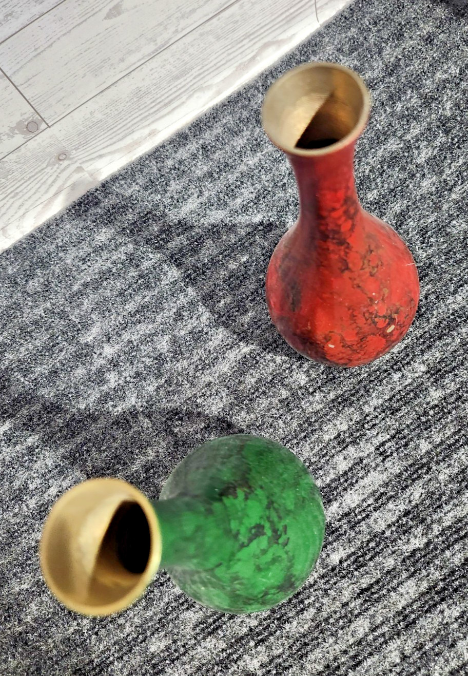 Vintage MCM Japanese Enamel Bud Vases Pair Red Green Gold Brass Cloisonne Style
