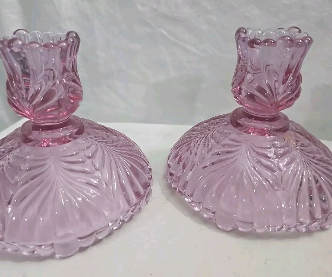Fenton Art Glass Dusty Rose Beauty Pattern Candle Holders 1988 Pair