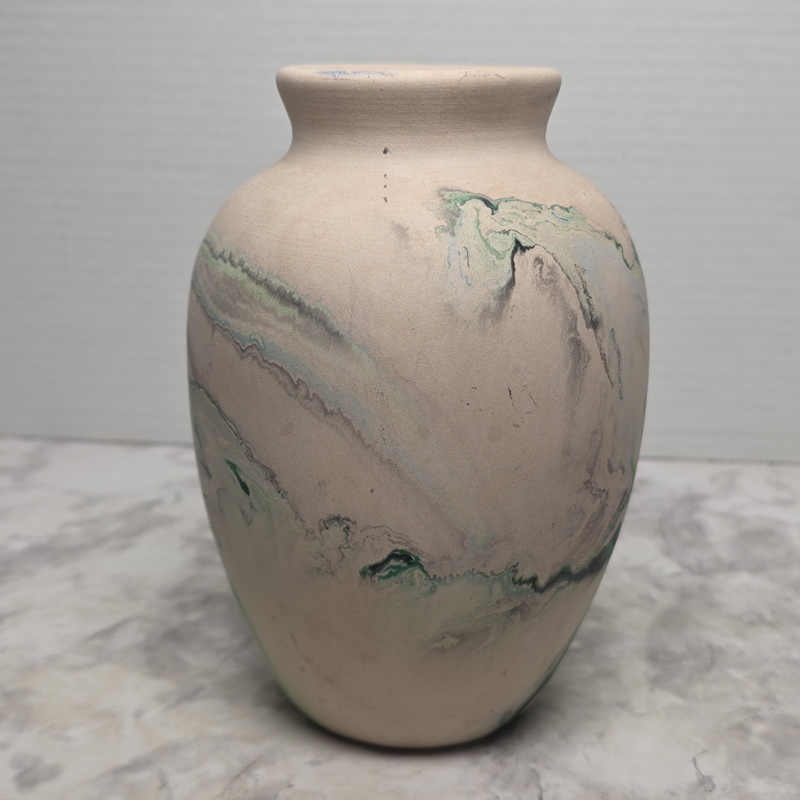 Vintage Nemadji Pottery Blue Green Black Swirl Tall Vase Handmade Clay Art