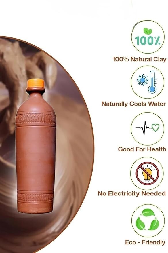 PurityPots Handmade Pottery Earthen Clay Water Bottle for daily, Office, Outdoor