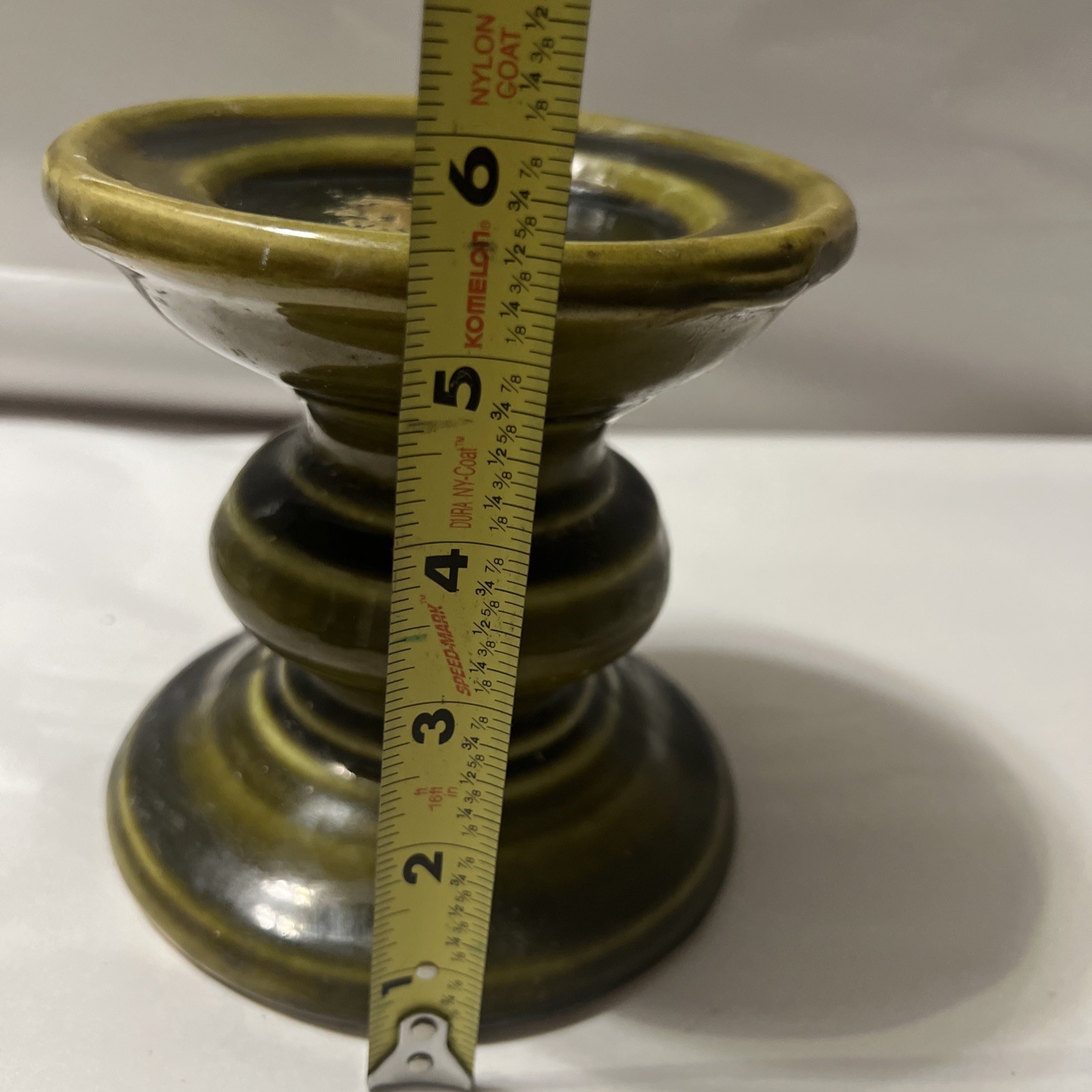 Vintage Olive Green Ceramic Pillar Candle Holder 5 1/4 X 5 1/2 Inches