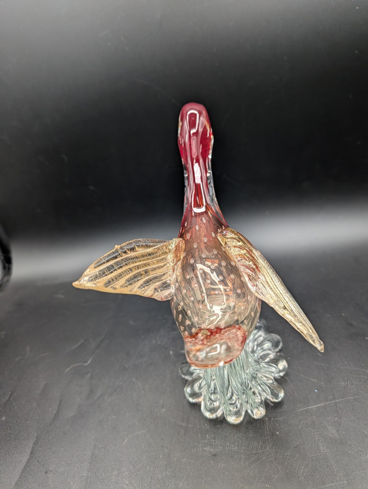 Vintage MCM AVEM Murano Art Glass Bullicante Red flying duck gold Flag Figurine