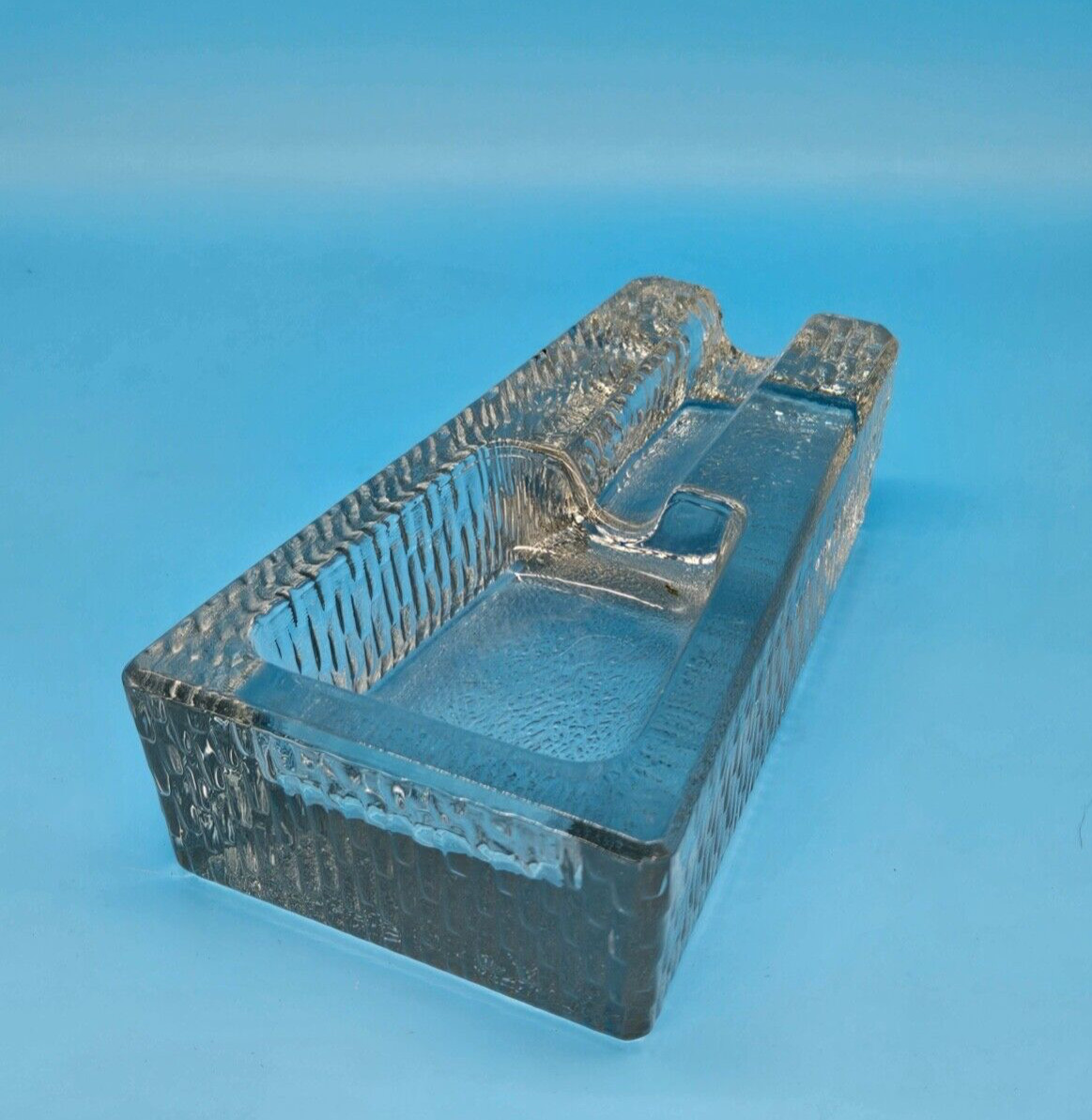 Vtg Heavy Glass Cigar Pipe Holder Clear Textured Ash Tray MCM Brutalist Retro