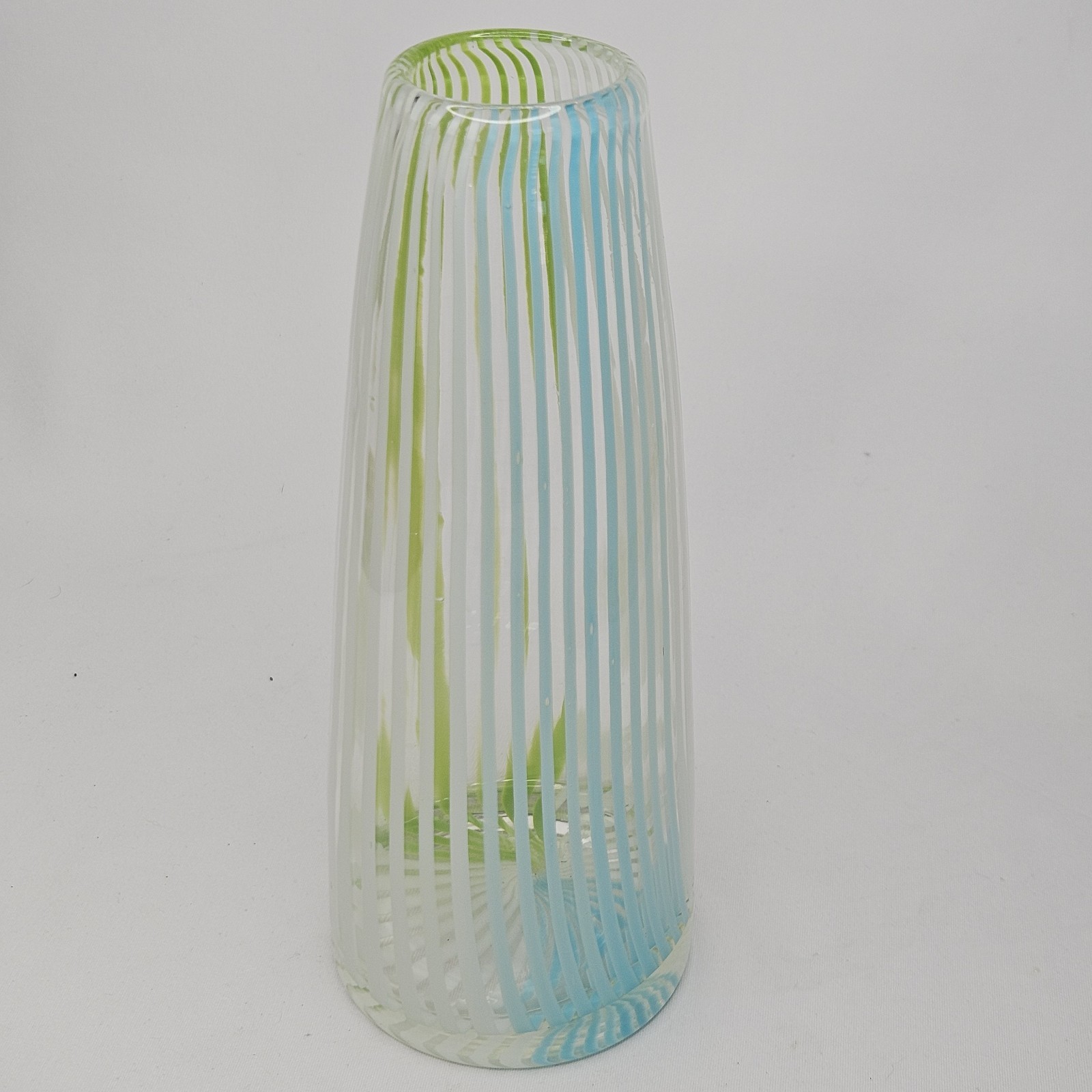 8.5″ Hand Blown Art Glass Vase – Blue White Green Stripe Swirl MCM Murano Style