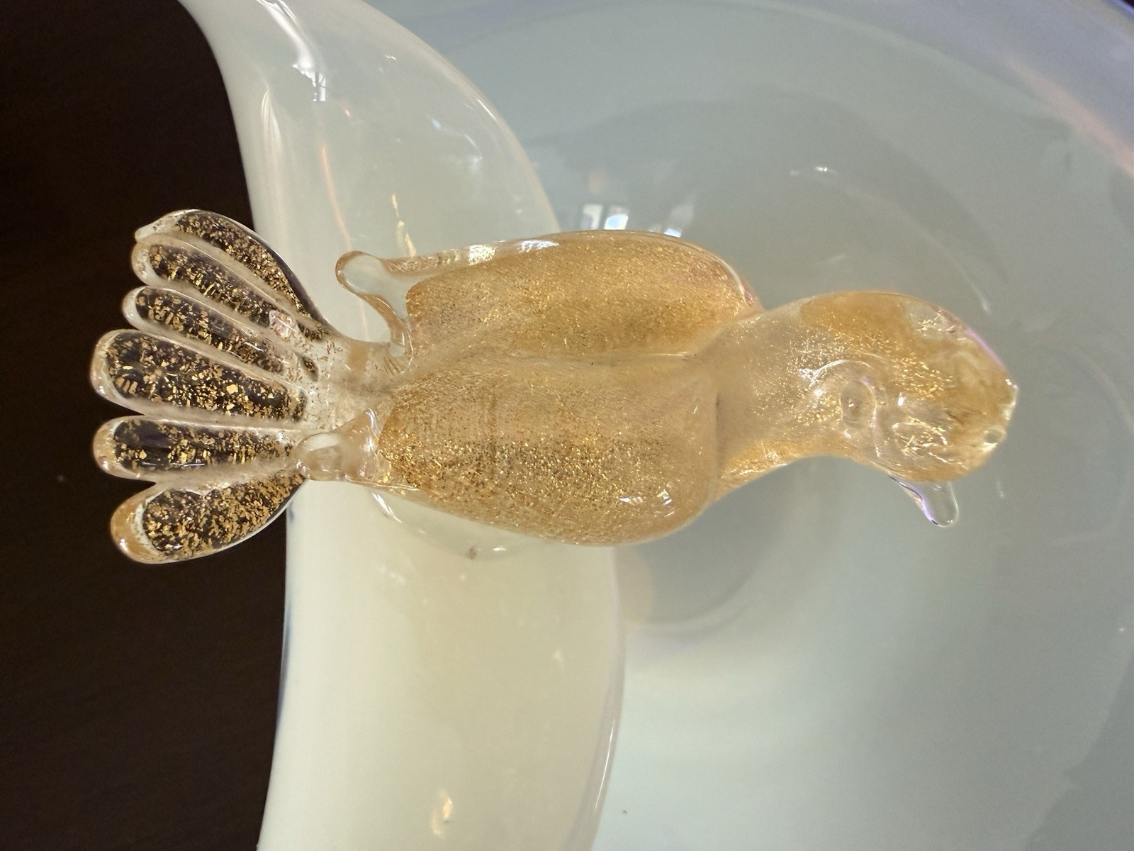 Mid 20th Century Murano Attributed Opalescent Glass Bowl Perchin Gold Fleck Bird