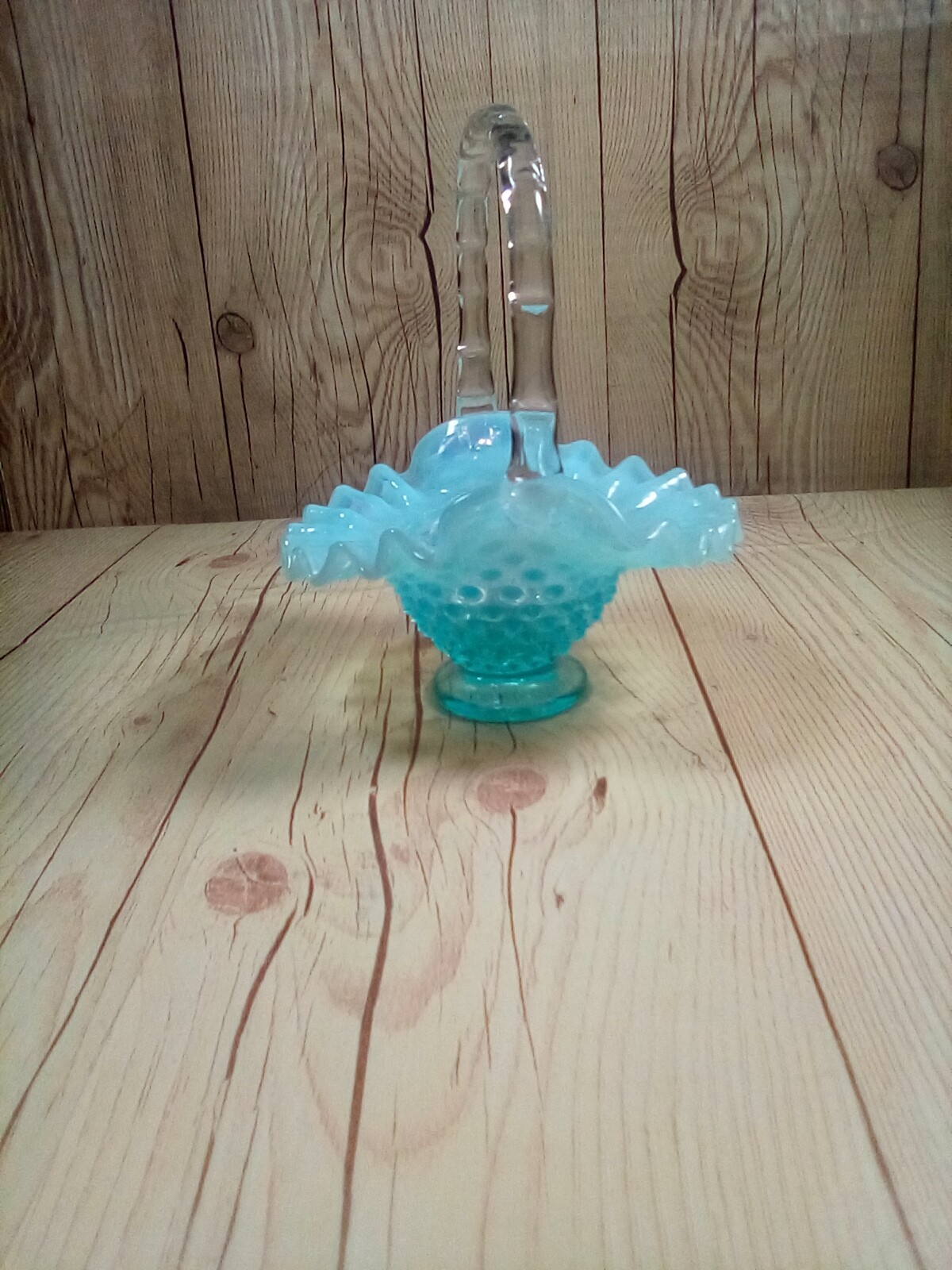 Vintage Small Fenton Aqua Blue Opalescent Hobnail Ruffled Glass Basket