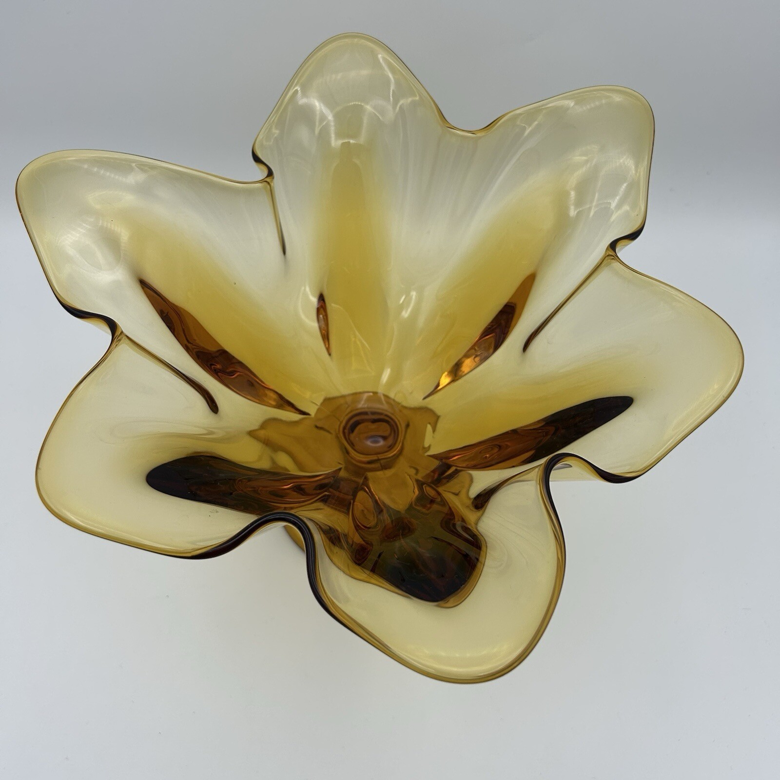 Viking Glass Amber Swung 6 Petal Pedestal 7 x 10.5 Handkerchief Footed Bowl MCM