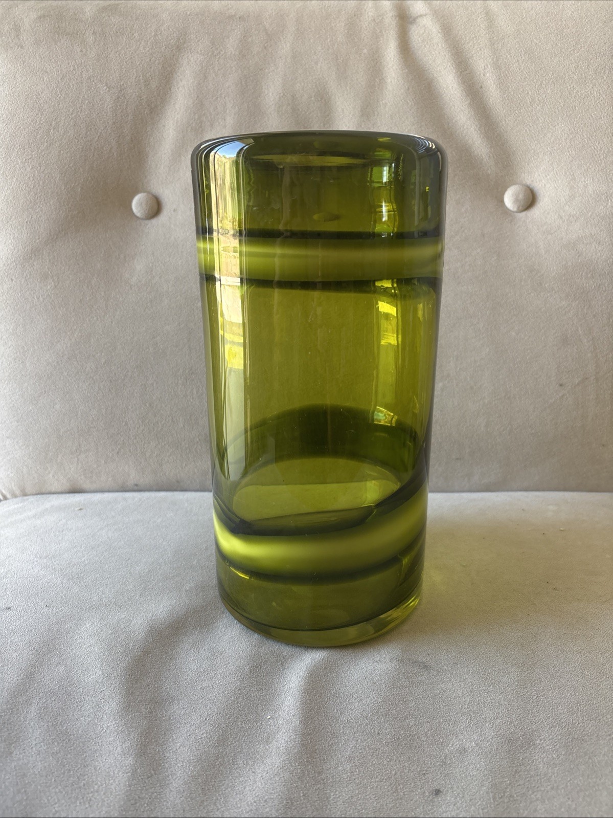 Murano Art Style Chartreuse & Olive Hand Blown Thick Glass Vase 10” X 5”