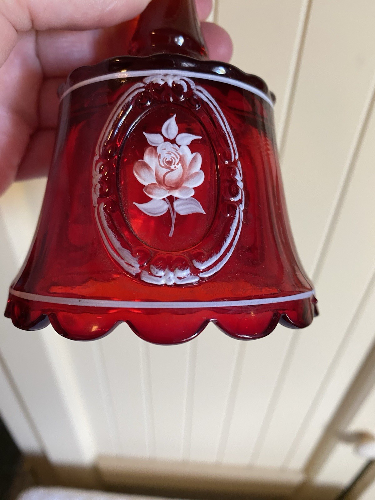 Westmoreland Bell Floral Rose Ruby Red Orange 1980 Hand Painted Cameo Marked