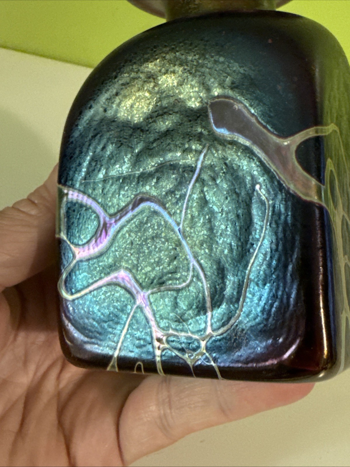 Robert Held Art Glass Purple Bud Vase Iridescent Swirl Design Signed, 4 3/8”