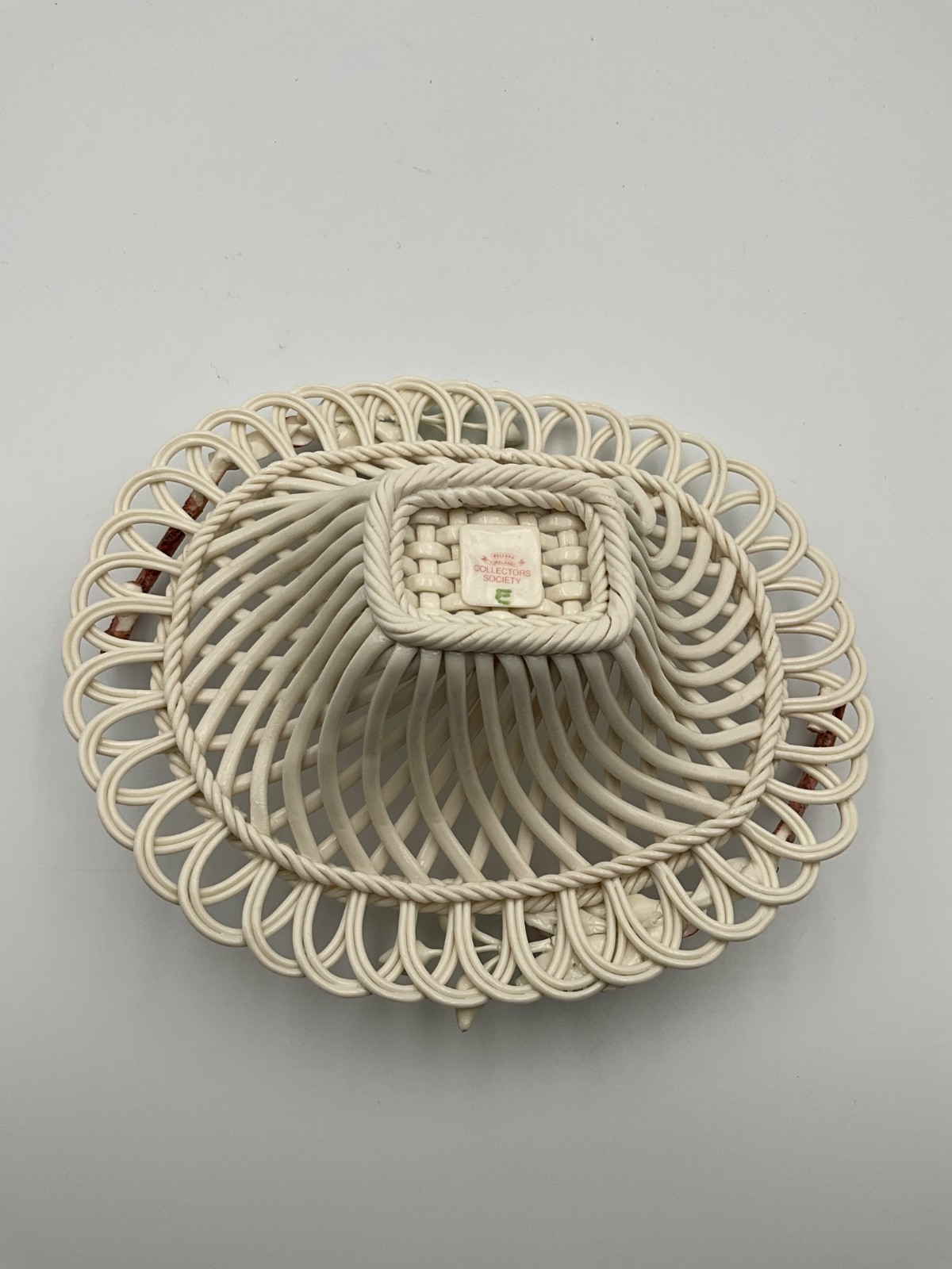 Belleek Collector Society Ladybug Basket Bowl Tulips & Blue Flowers Twig Handles