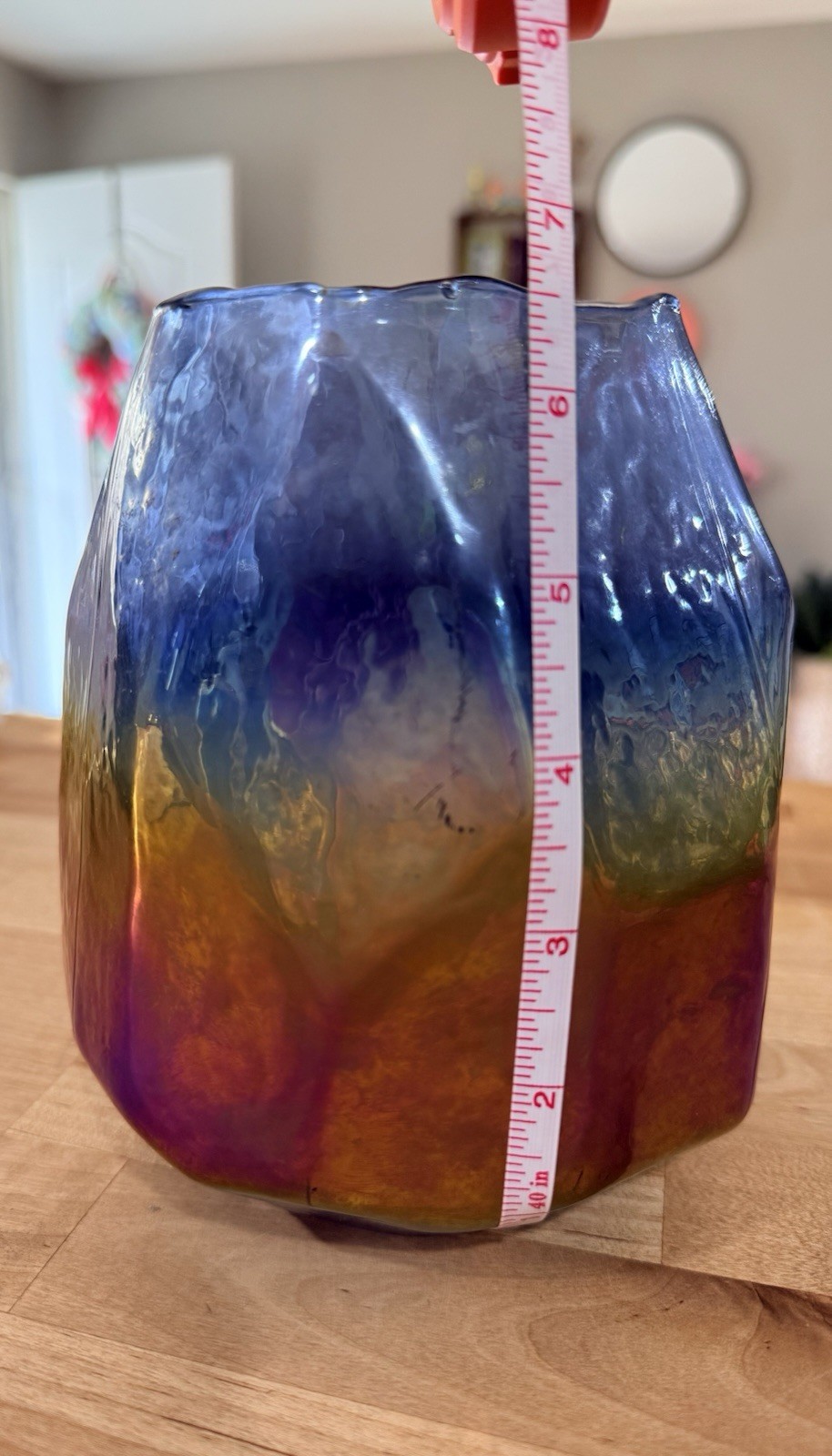 7in Hand Blown Iridescent Abstract Multicolor Art Glass Vase Blue Purple