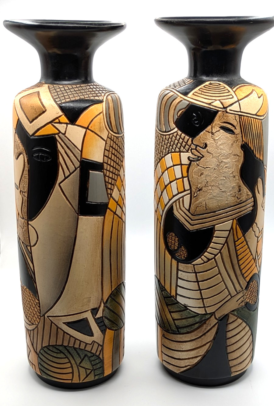 2 PICASSO STYLE CUBIST CERAMIC VASES MATCHED PAIR HAND PAINTED ABSTRACT FACE 16″
