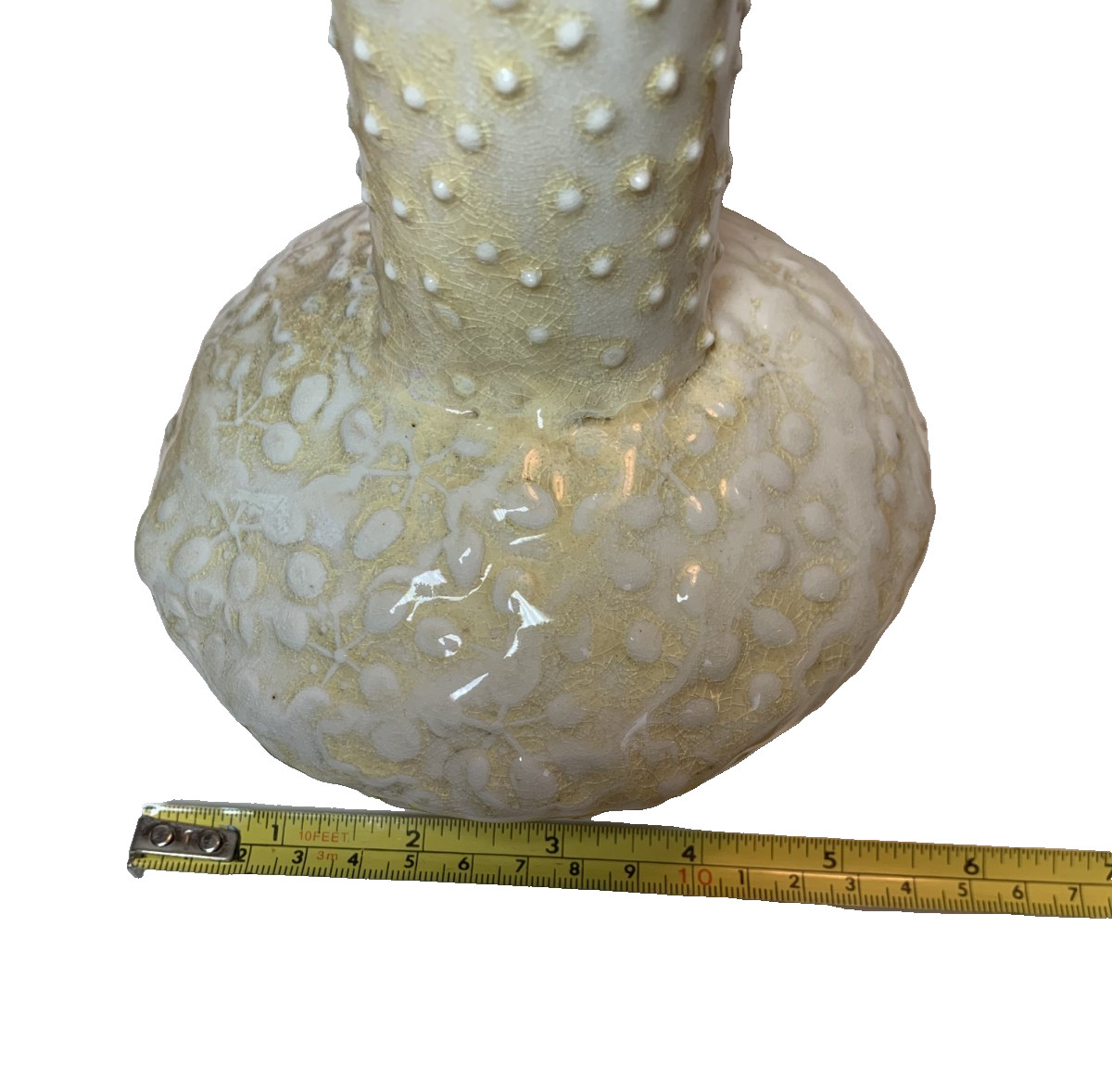 Signed Studio Pottery Textured Dot Floral Vase Organic Vtg Modern Crackle Glaze