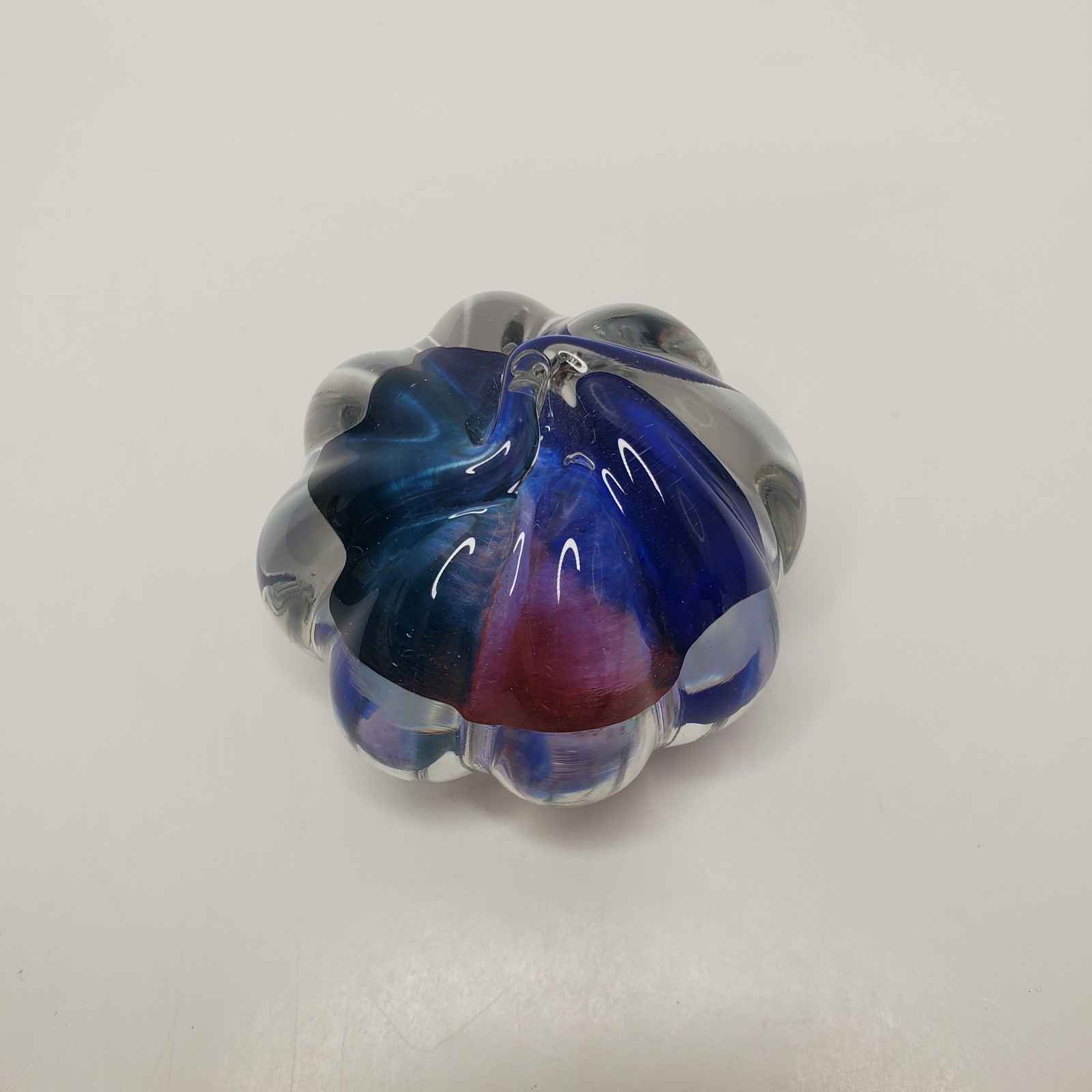 Hand-Blown Art Glass Paperweight Lobed Sommerso Purple , Red & Blue Swirl 2″
