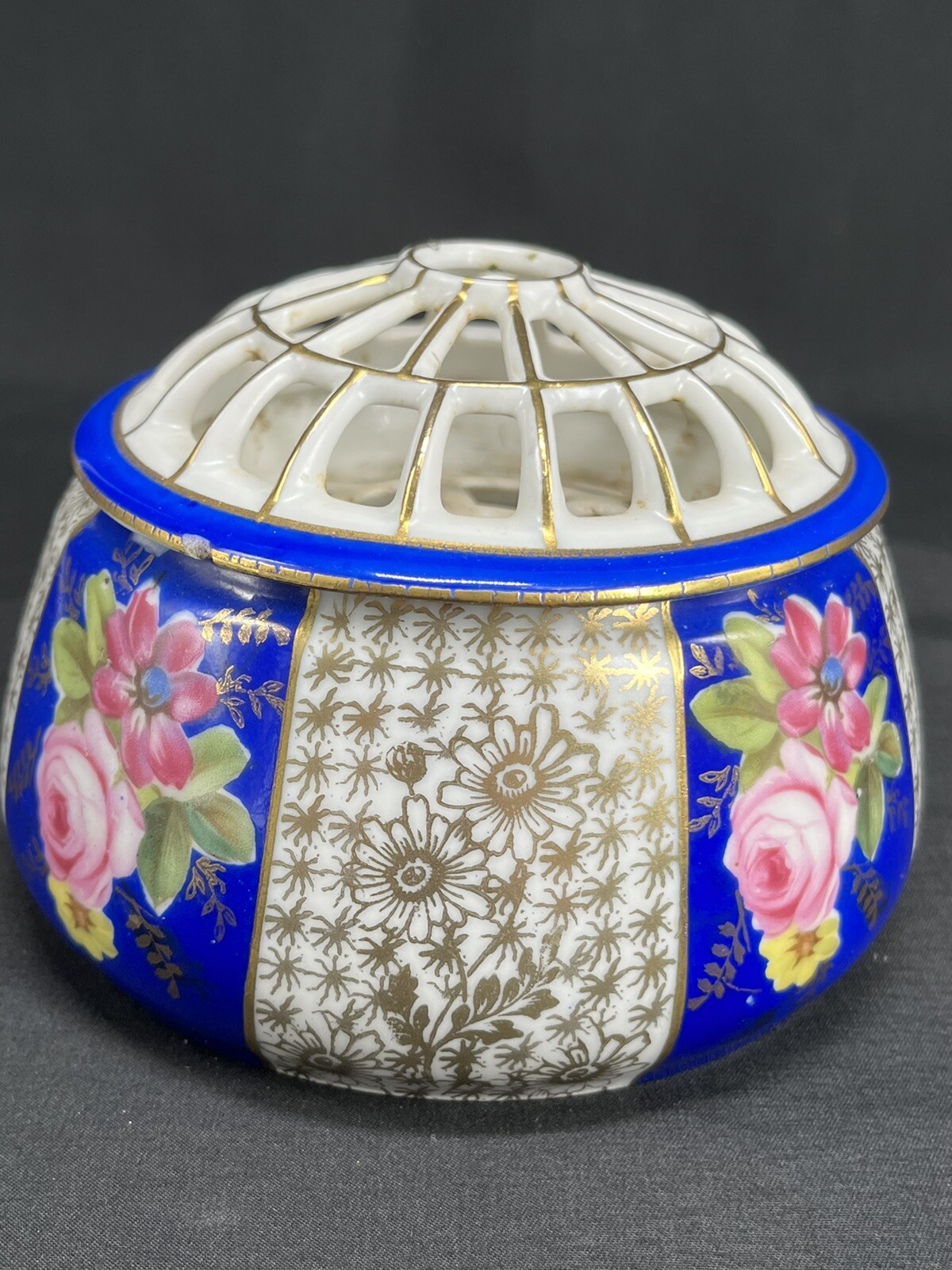 Vintage RS Germany 2 Piece Flower Frog Handled Vase & Plate Hand Painted Floral