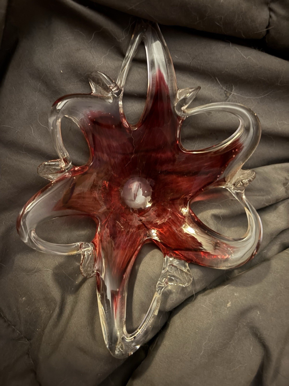 Hand Blown Art Glass Ashtray Clear & Red Star Shape Decorative Glossy
