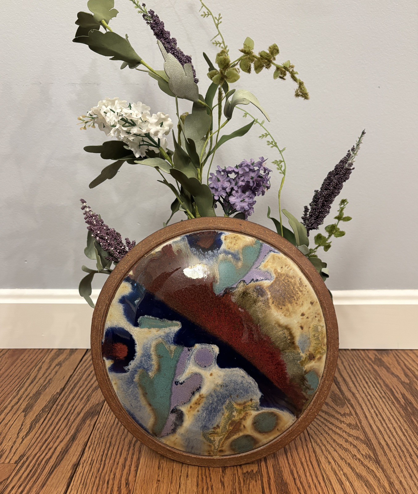 New Hand-Painted, Signed, Footed, Ceramic Disc Vase | 8.5” Diameter | Ken Pick