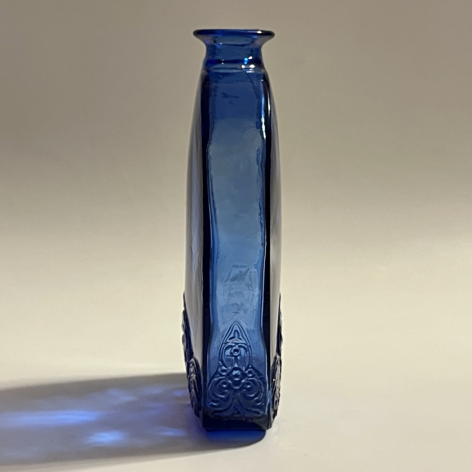 Vidrios de Levante Floral Embossed Cobalt Blue Recycled Glass Bottle SPAIN 5.5”H