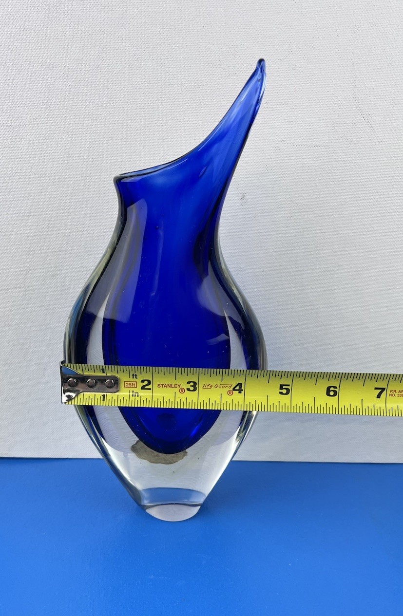 Murano MCM Glass Blue Clear Teardrop Vase 10.5”
