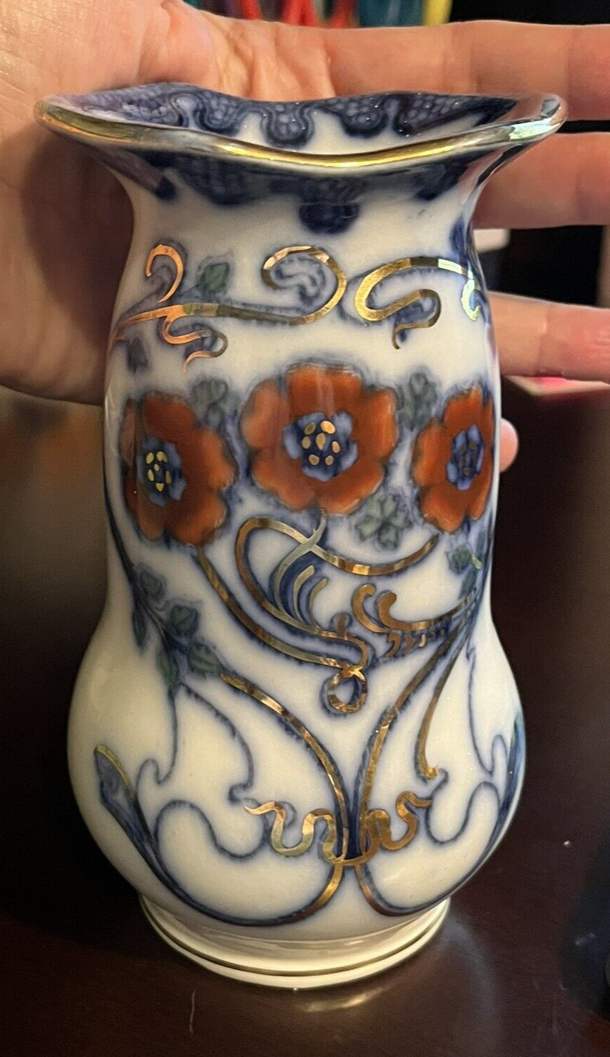 ANTIQUE FURNIVALS ENGLAND NILE FLOW BLUE ORANGE GOLD 6″ VASE 1903-04 RARE!