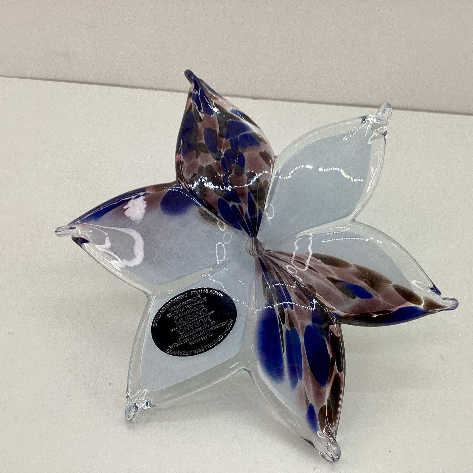 Murano Style Lily Flower Hand Blown Italy Glass Purple Blue White 5” W/ Sticker