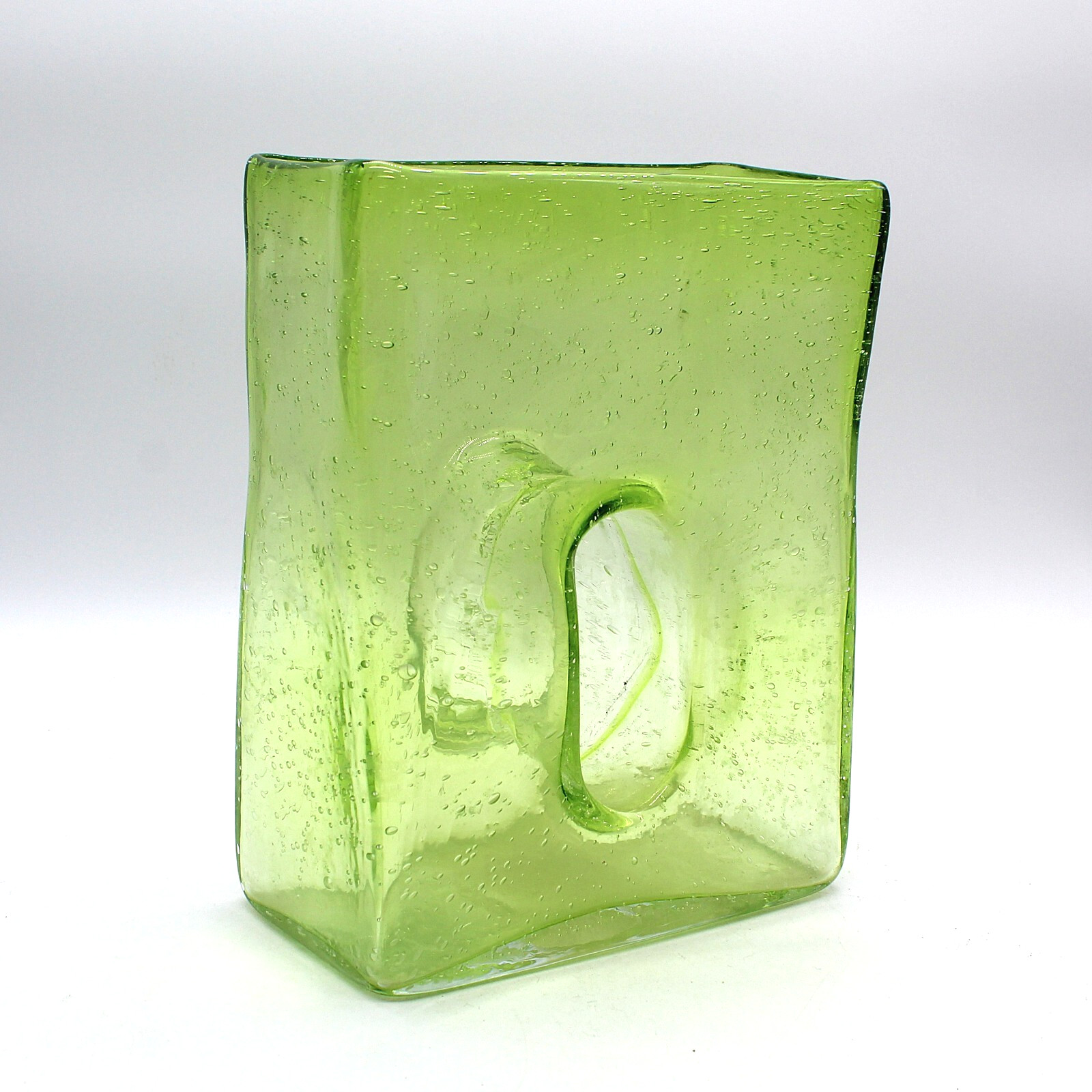 Vintage 1970s Hand Blown Green Art Glass Vase Bubbles Pulegoso Hole Thick