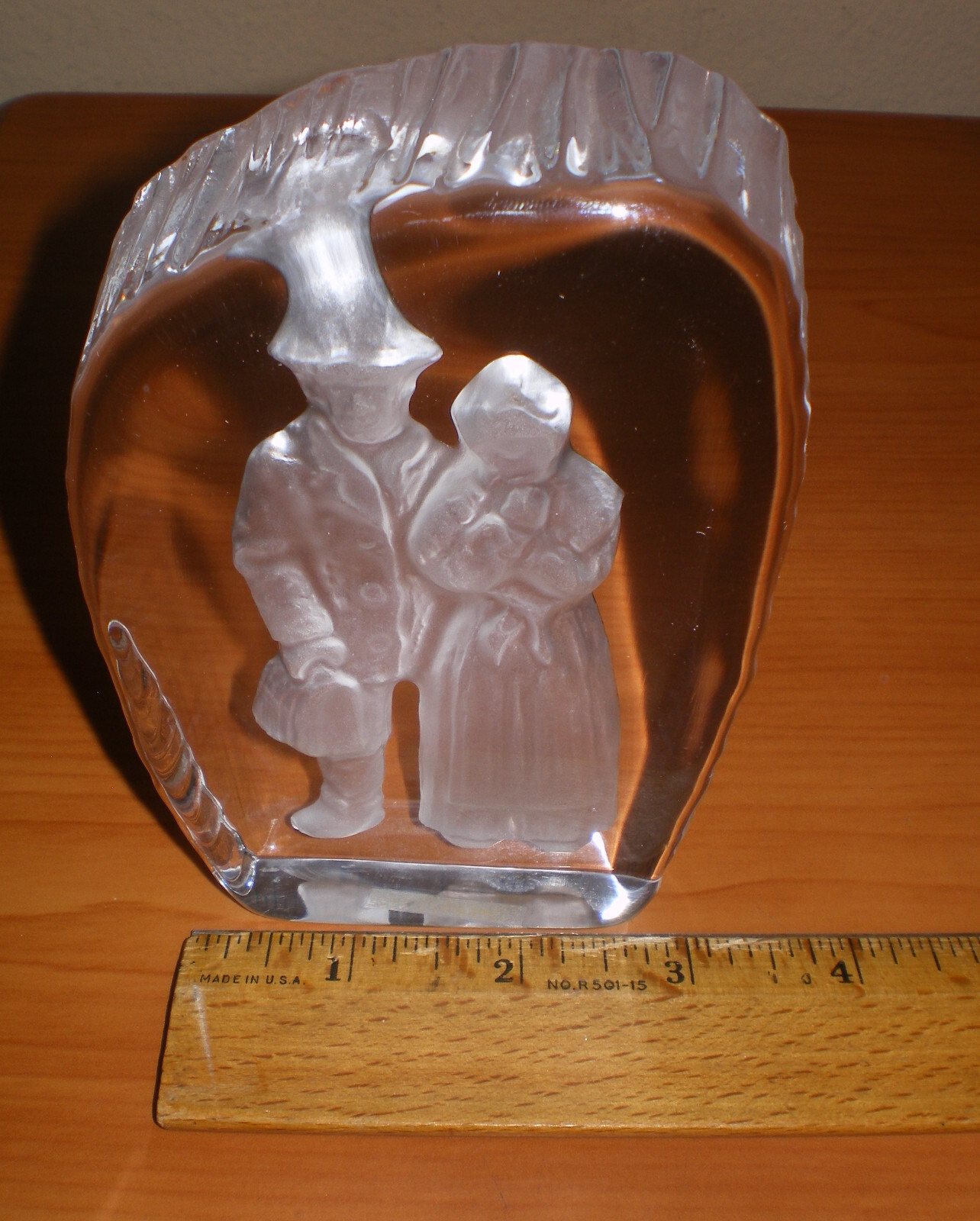 Vintage Swedish Hovmantorp RUNE STRAND Carved Couple Glass Crystal Paperweight