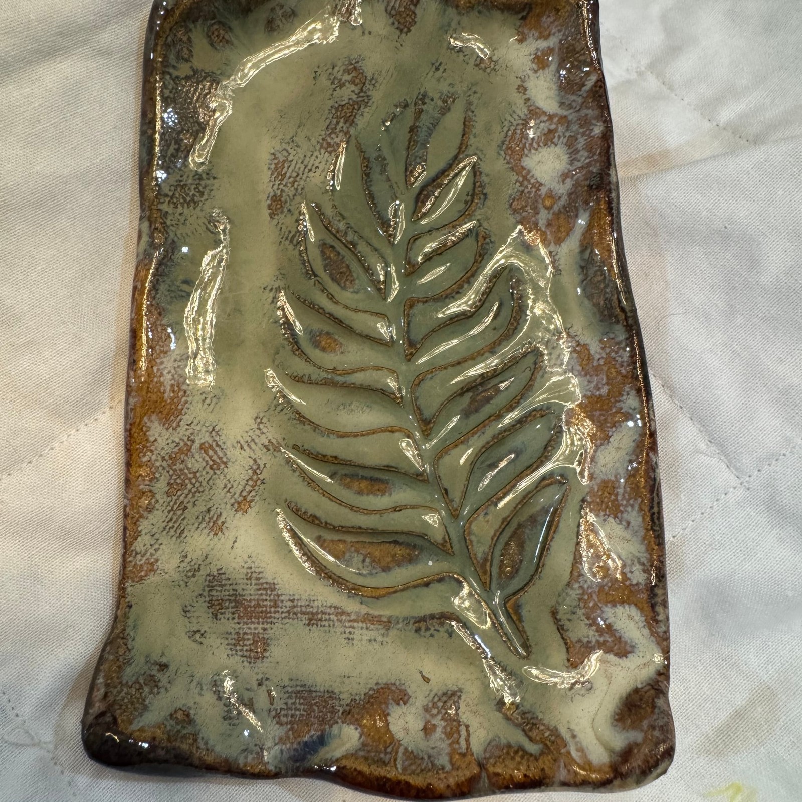 Handmade Clay Pottery Fern Leaf-Brown/Green