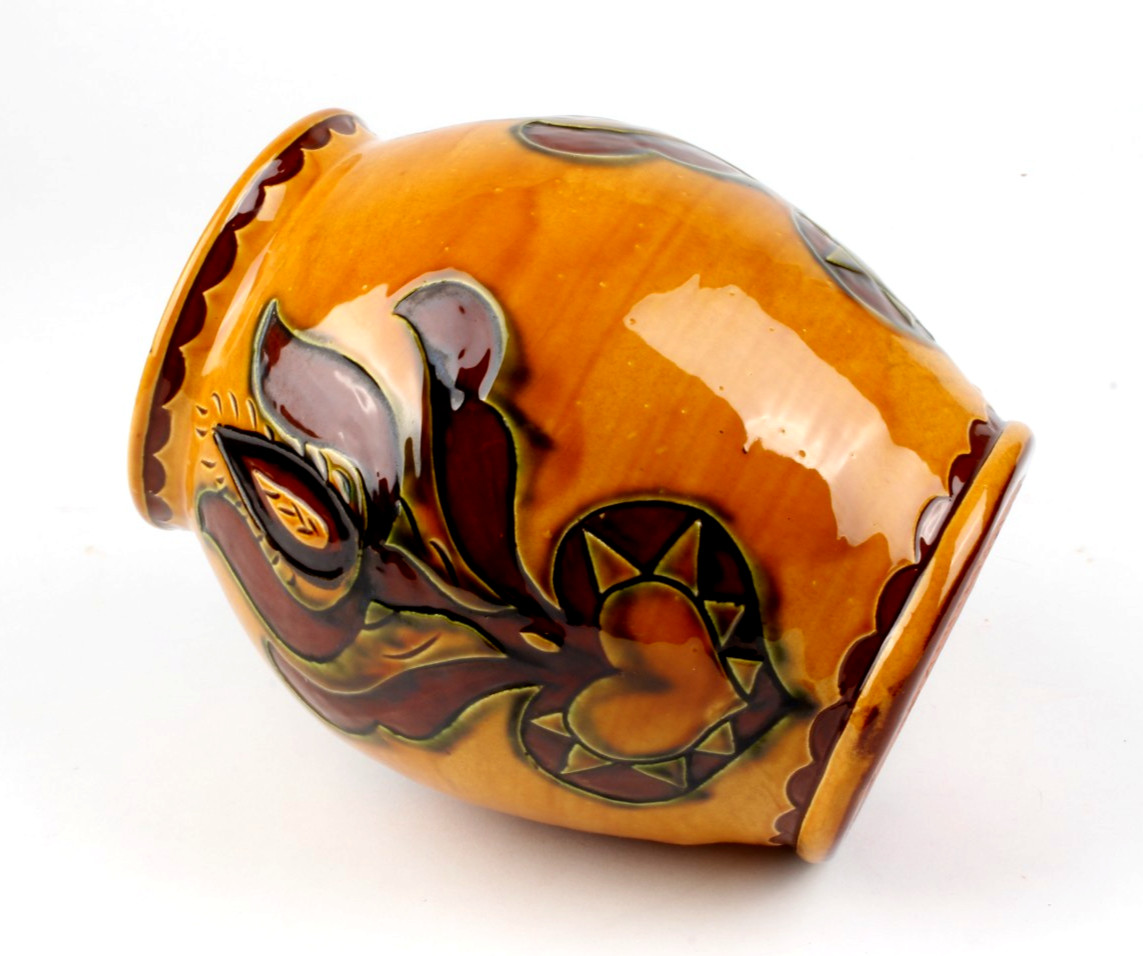 Vintage Breininger Redware Sgrafitto Crock Vase – Tulip and Heart – 1984