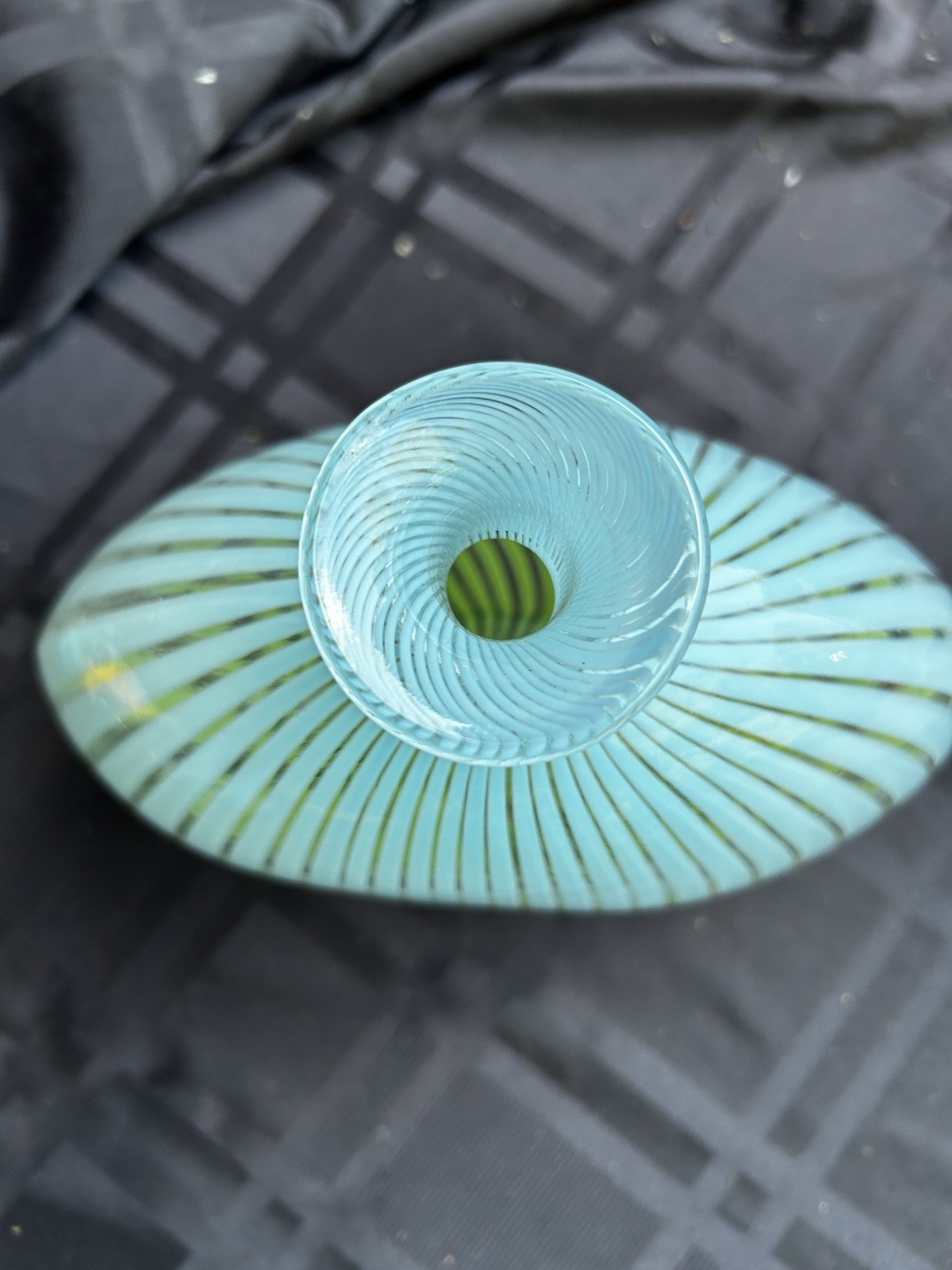Blue & Green Striped Glass Vase, Glossy Finish Decorative 8 in x 8 in