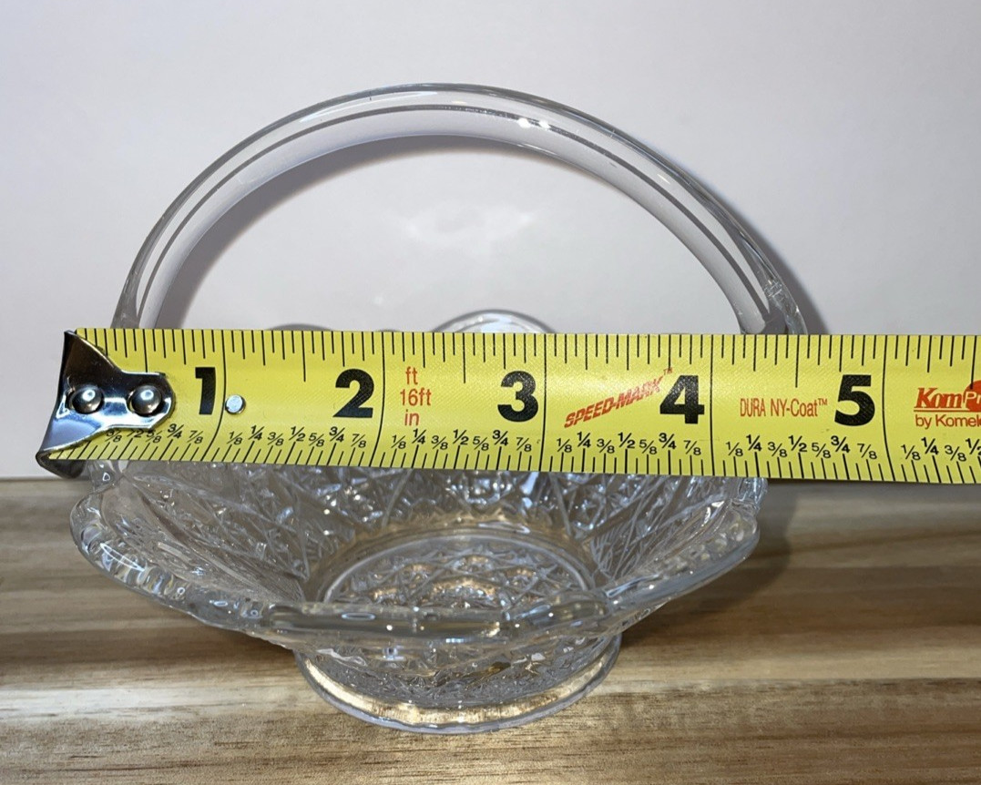 Clear Glass Basket Bowl With Handle Crystal Type 4″ Tall x 5″ Wide Used