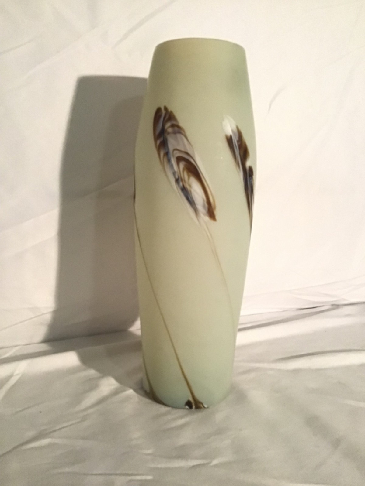 Mint Green Art Glass Vase- Applied Pulled Feather- 12 1/2″ Beautiful