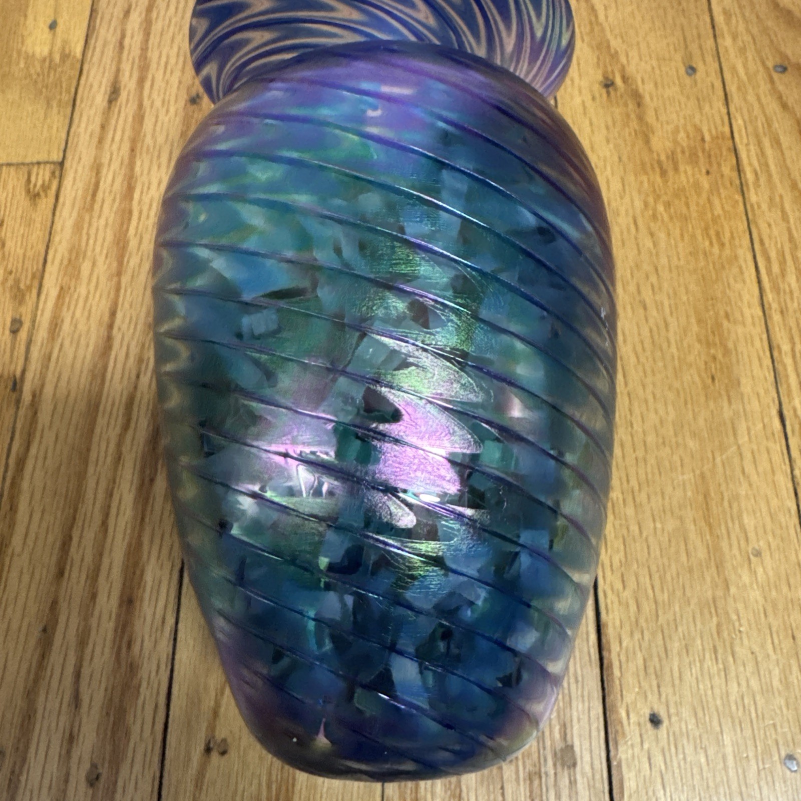 VTG The Glass Eye Studio Pulled Feather Vase 6” MSH 1988 Blue Swirl Peacock Art