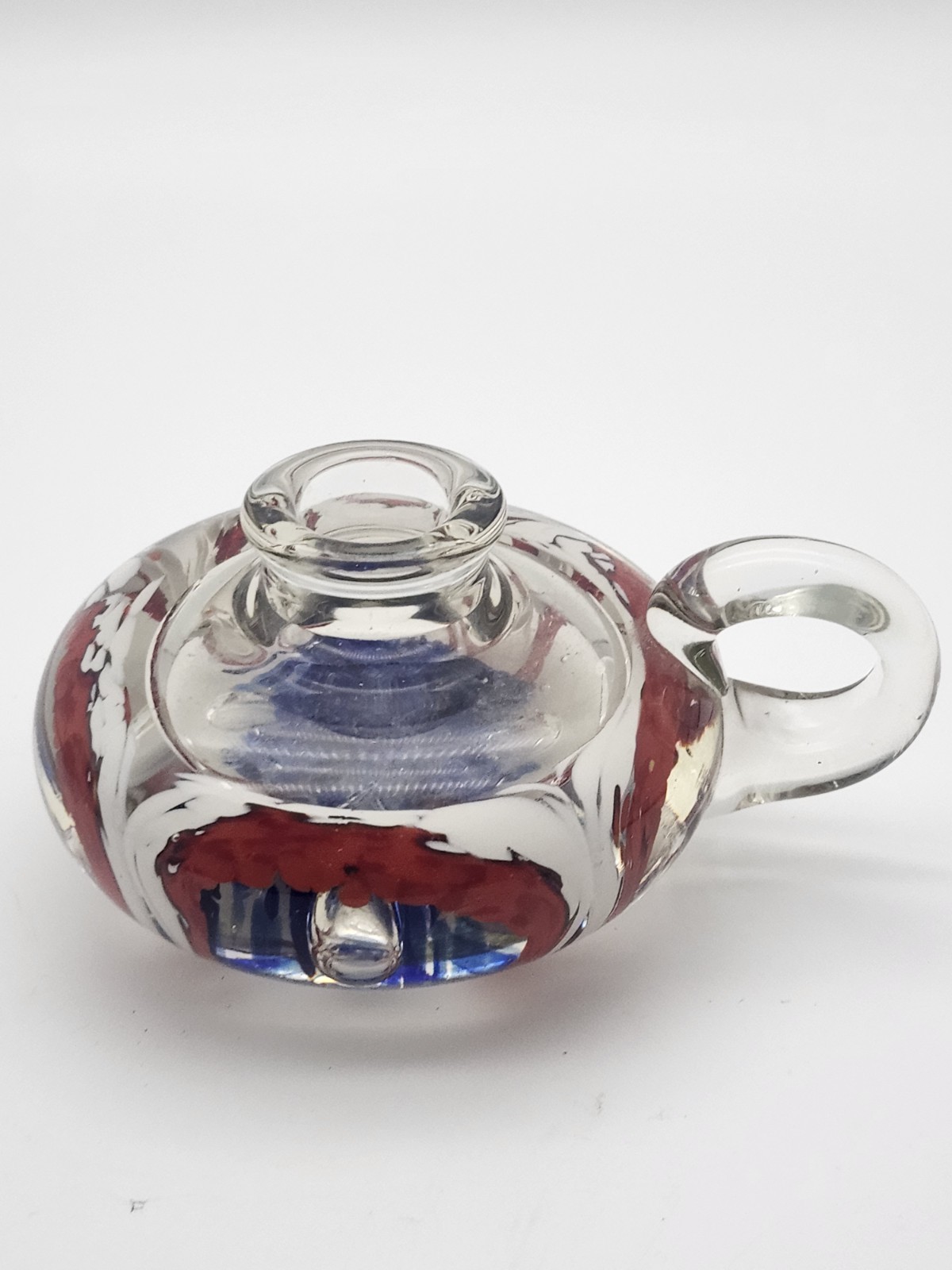 Hand Blown Art Glass Candle Holder Decorative Red Blue White Swirl With Handle