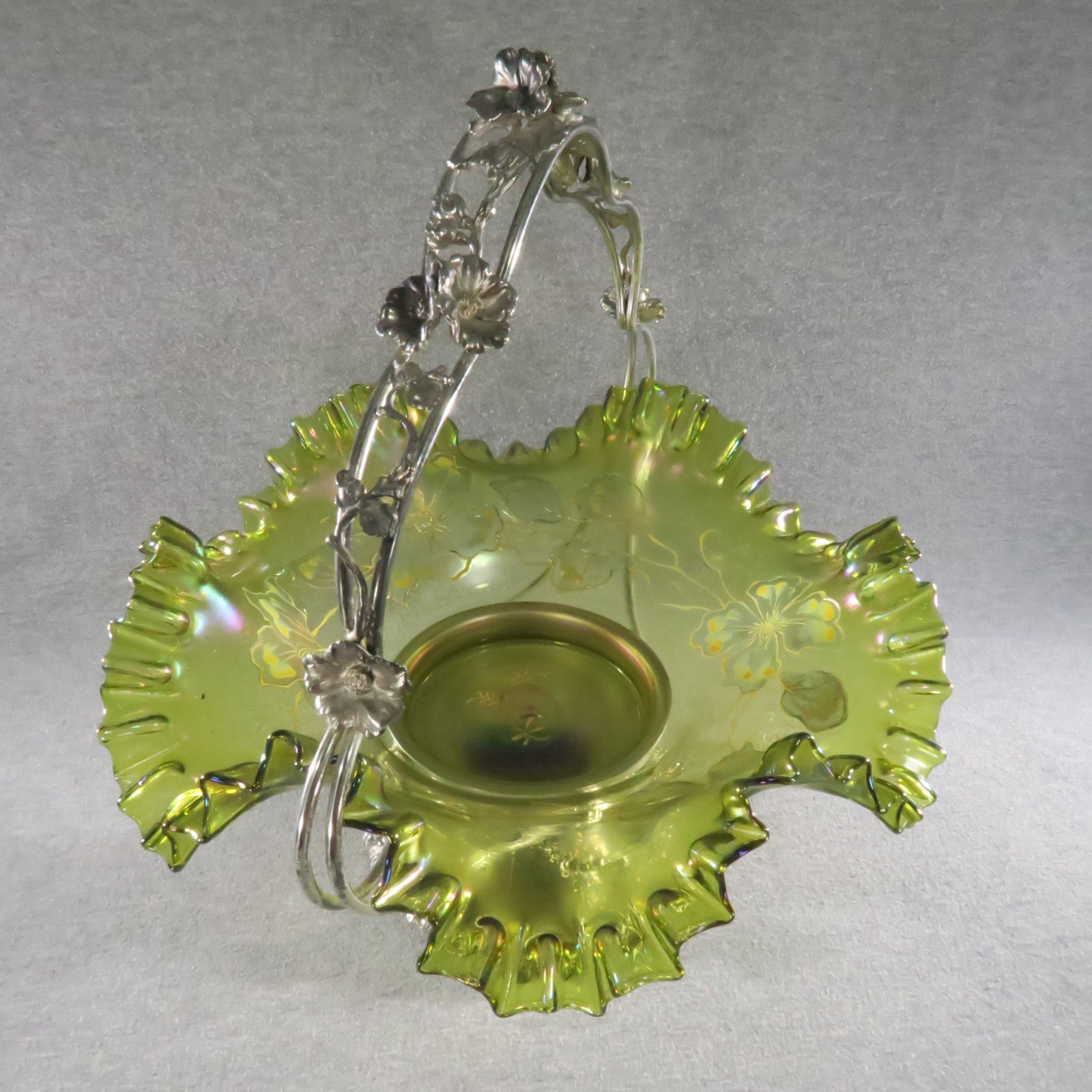 Antique Brides Basket Green Iridescent Ruffled Art Glass Silverplate Art Nouveau