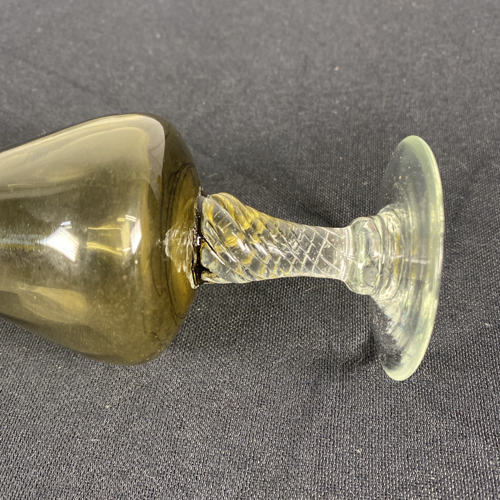 Vintage 8” Smoky Olive Fluted Glass Bud Vase Scalloped Rim Twisted Spun Stem MCM