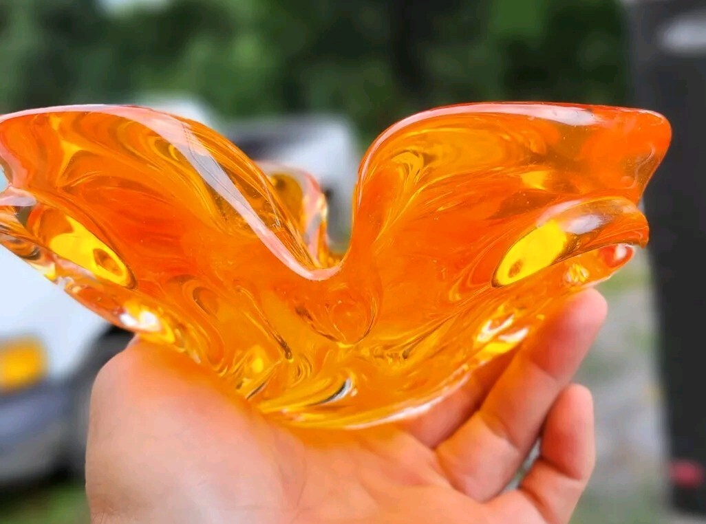 Signed CHALET Art Glass CIGAR TOBACCO ASHTRAY MCM CIGARETTE Tangerine Orange