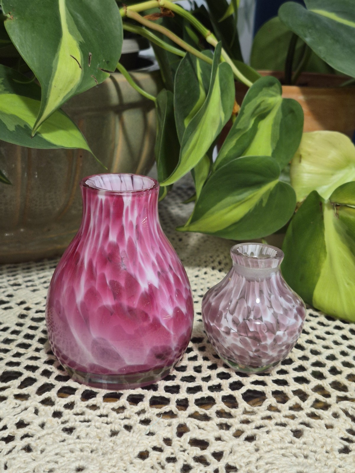 Pair Of Vintage Small Art Glass Pink Marble Spatter Cased Glass Vases
