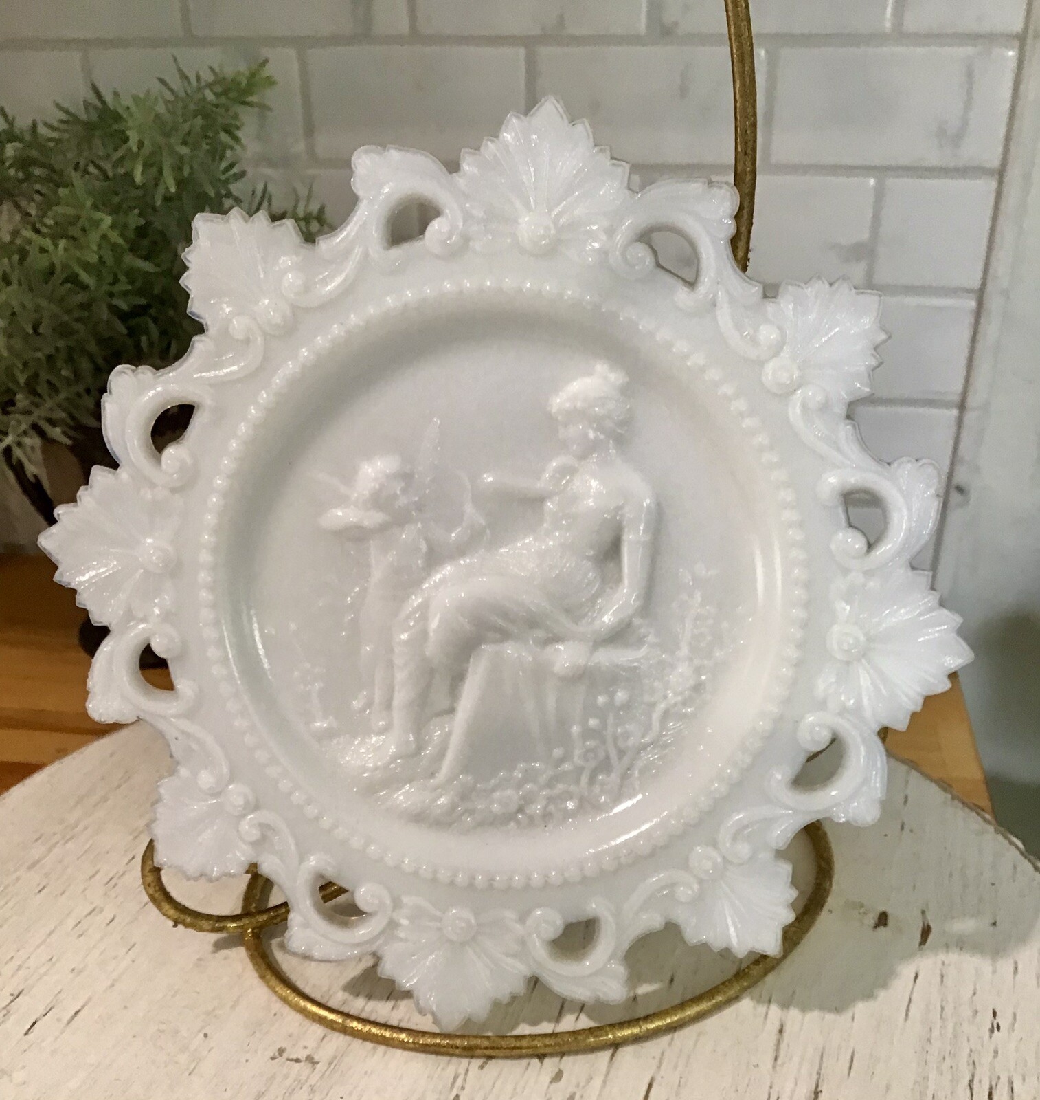 Antique Westmoreland Plate Milk Glass Cupid and Psyche 7.5″ Lace Glass Edge