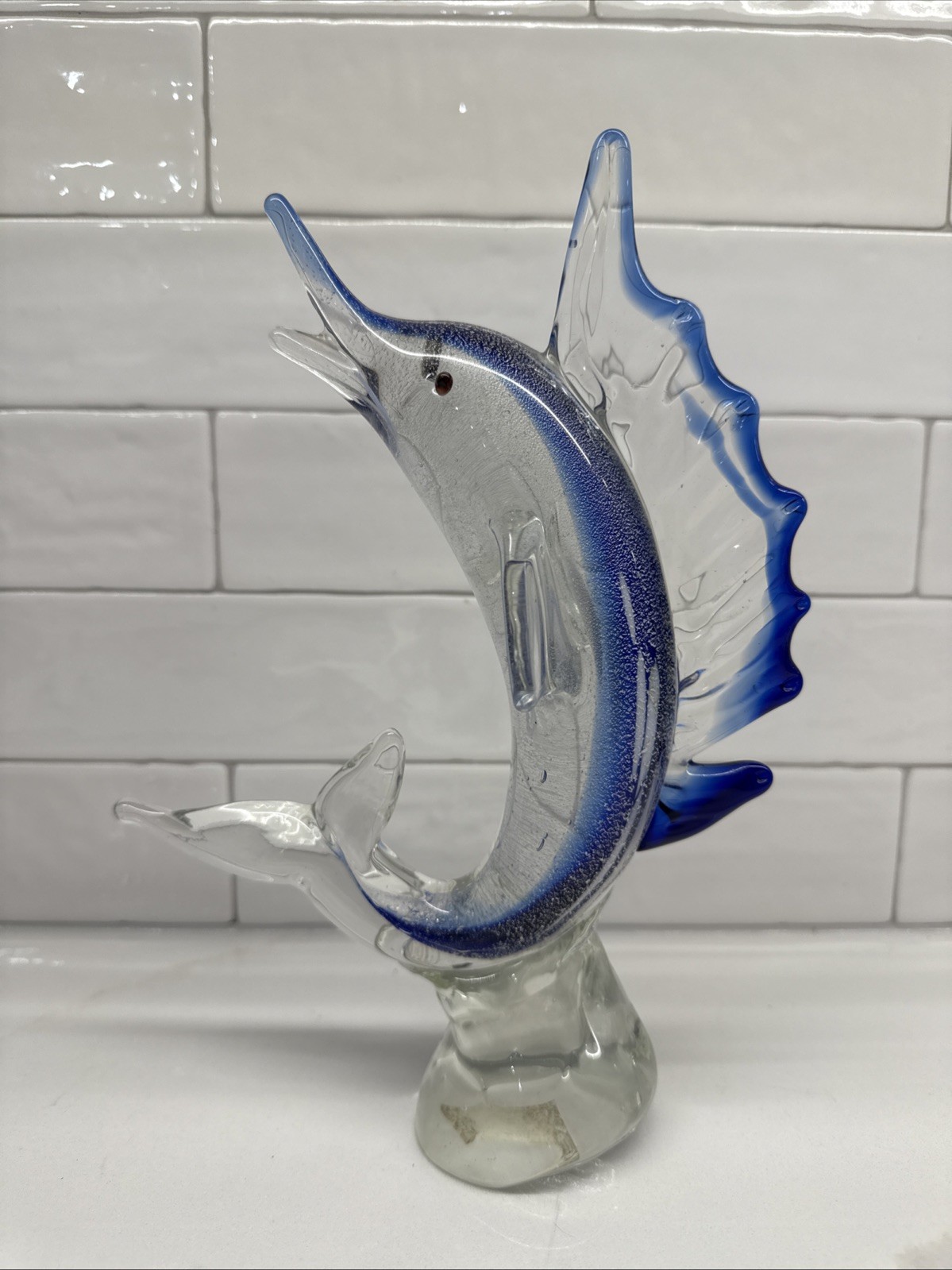 Murano Style Blue Art Glass Swordfish Marlin Figurine Blown Glass Sculpture