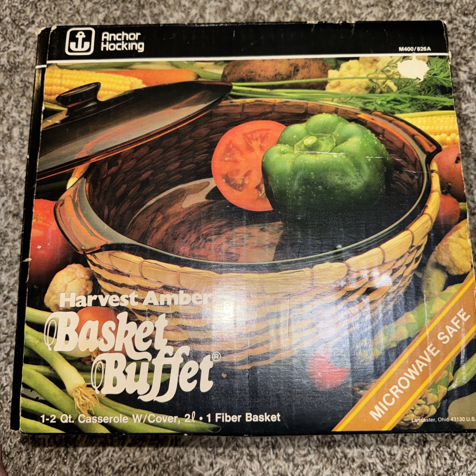 VTG ANCHOR HOCKING HARVEST AMBER BASKET BUFFET 1-2 Qt Casserole W/ Cover NIB