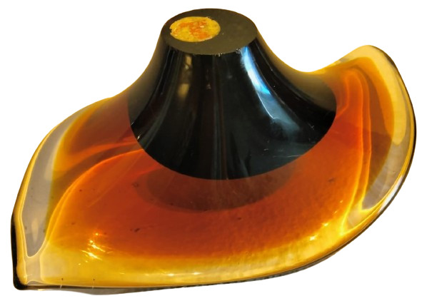 Mid century modern blown glass art amber swirl curved shape dish tag not legible