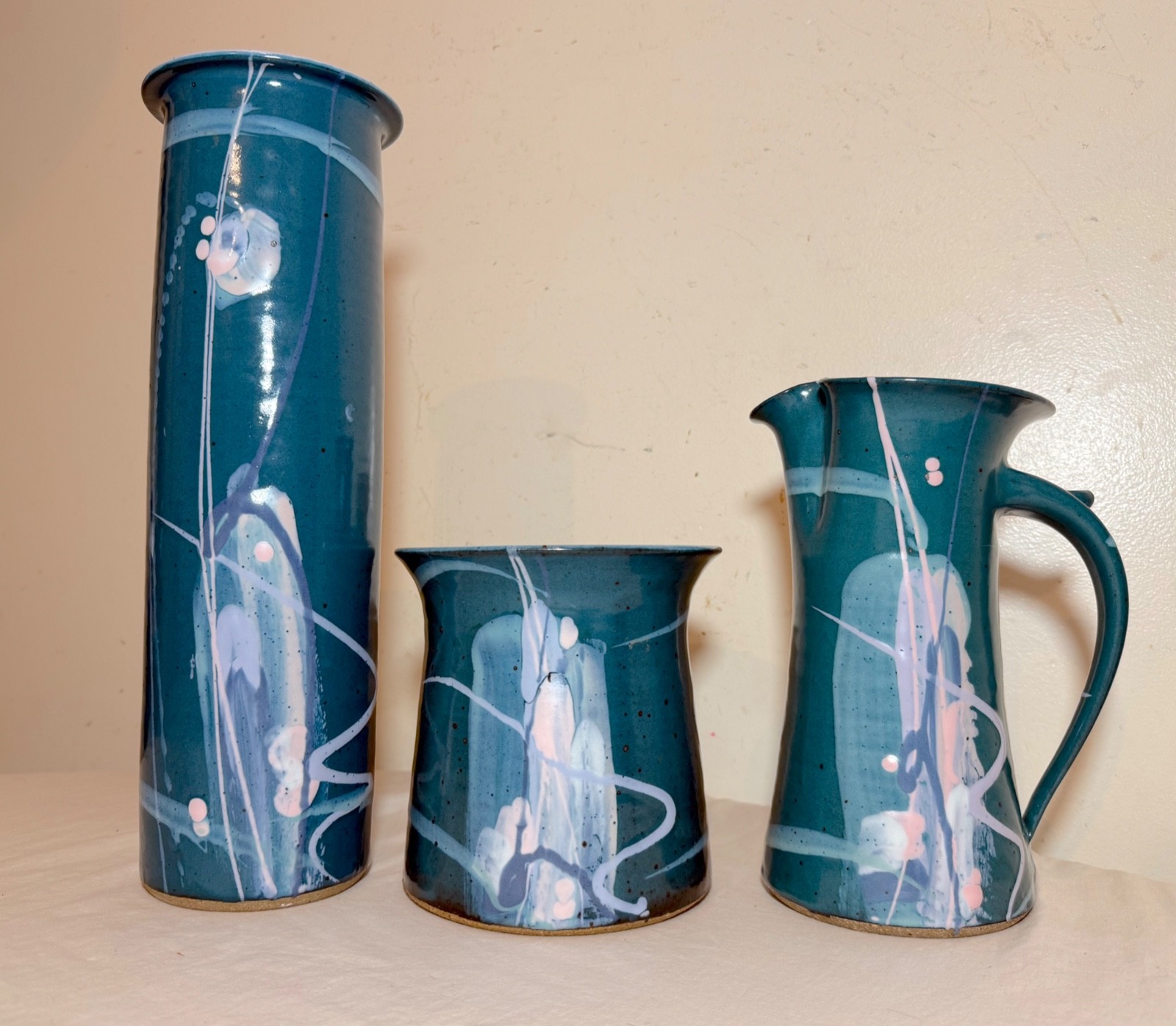 3 American Mark Chamberlain Cosmic Deco Handmade Pottery Studio Vase Pitcher