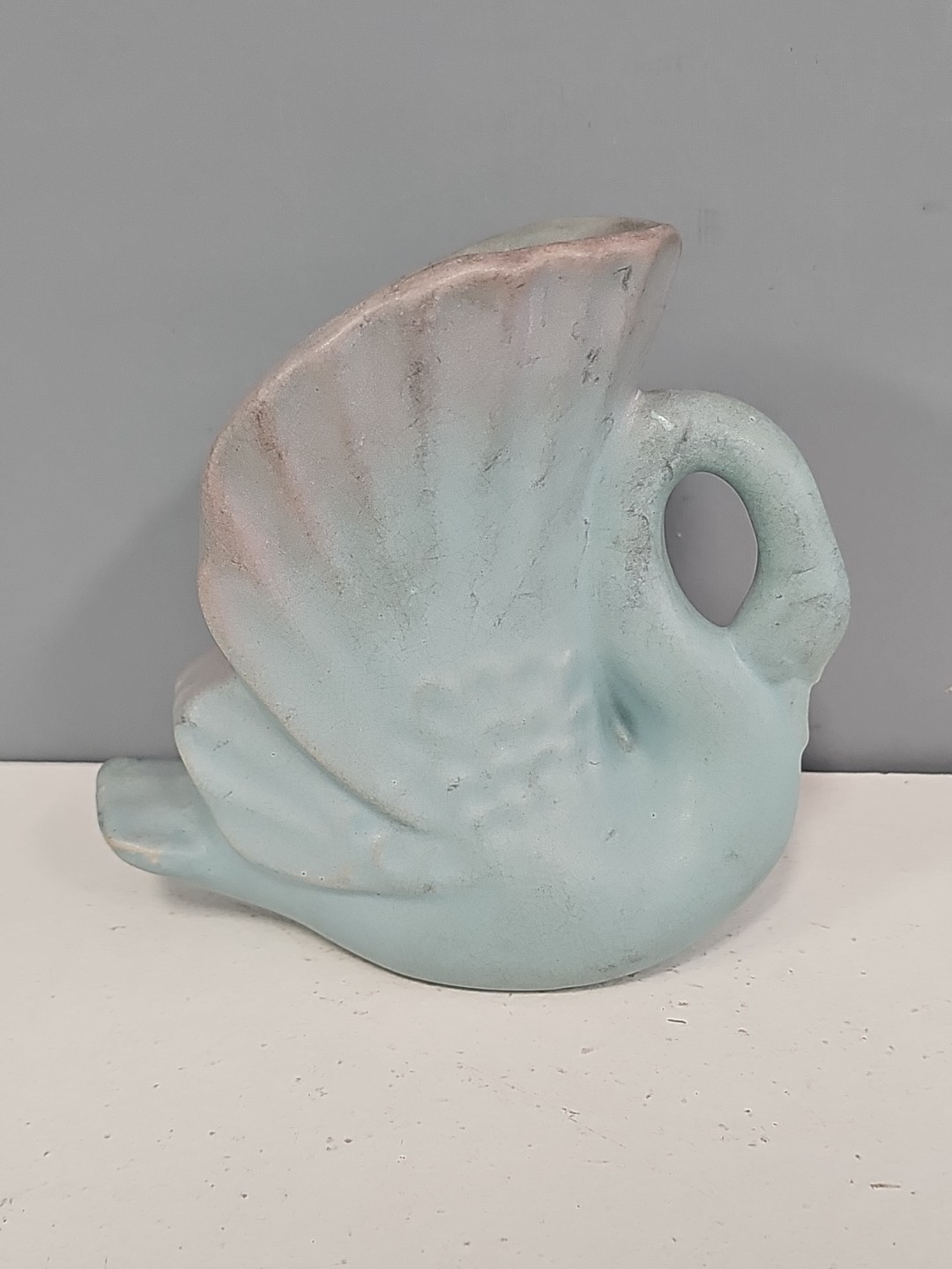Rosemeade Pottery Swan Vase Vintage Blue Pink North Dakota 5 inches tall Stamped