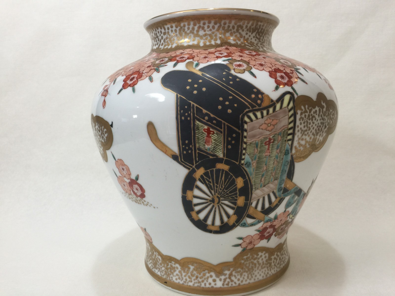 Vintage Japanese Arita Pottery Handpainted Flower Vase, 10 1/2″ Tall x 10″ Wide