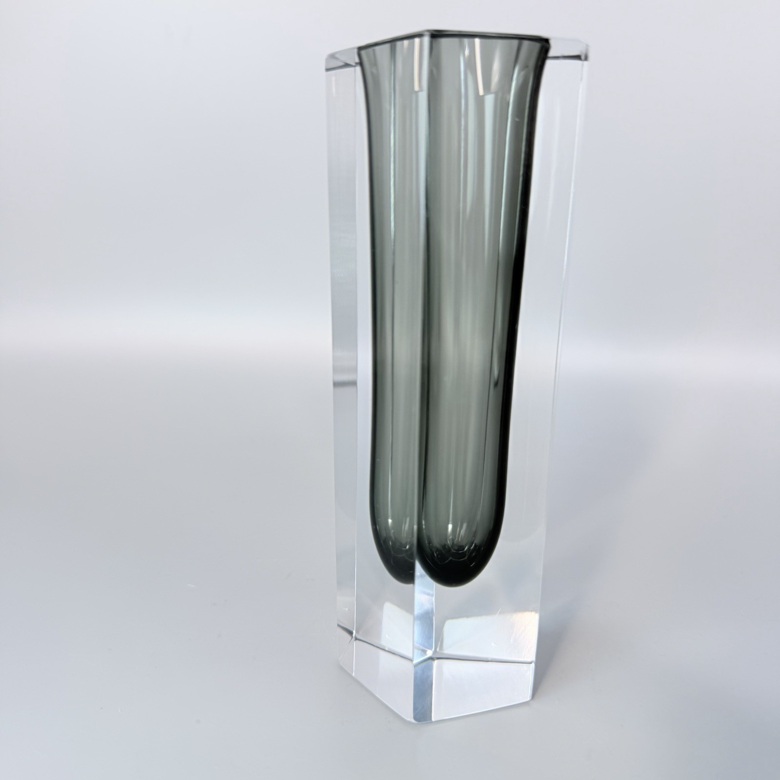 Murano Style Sommersso Art Glass Vase Heavy Clear Smoke Gray Faceted MCM